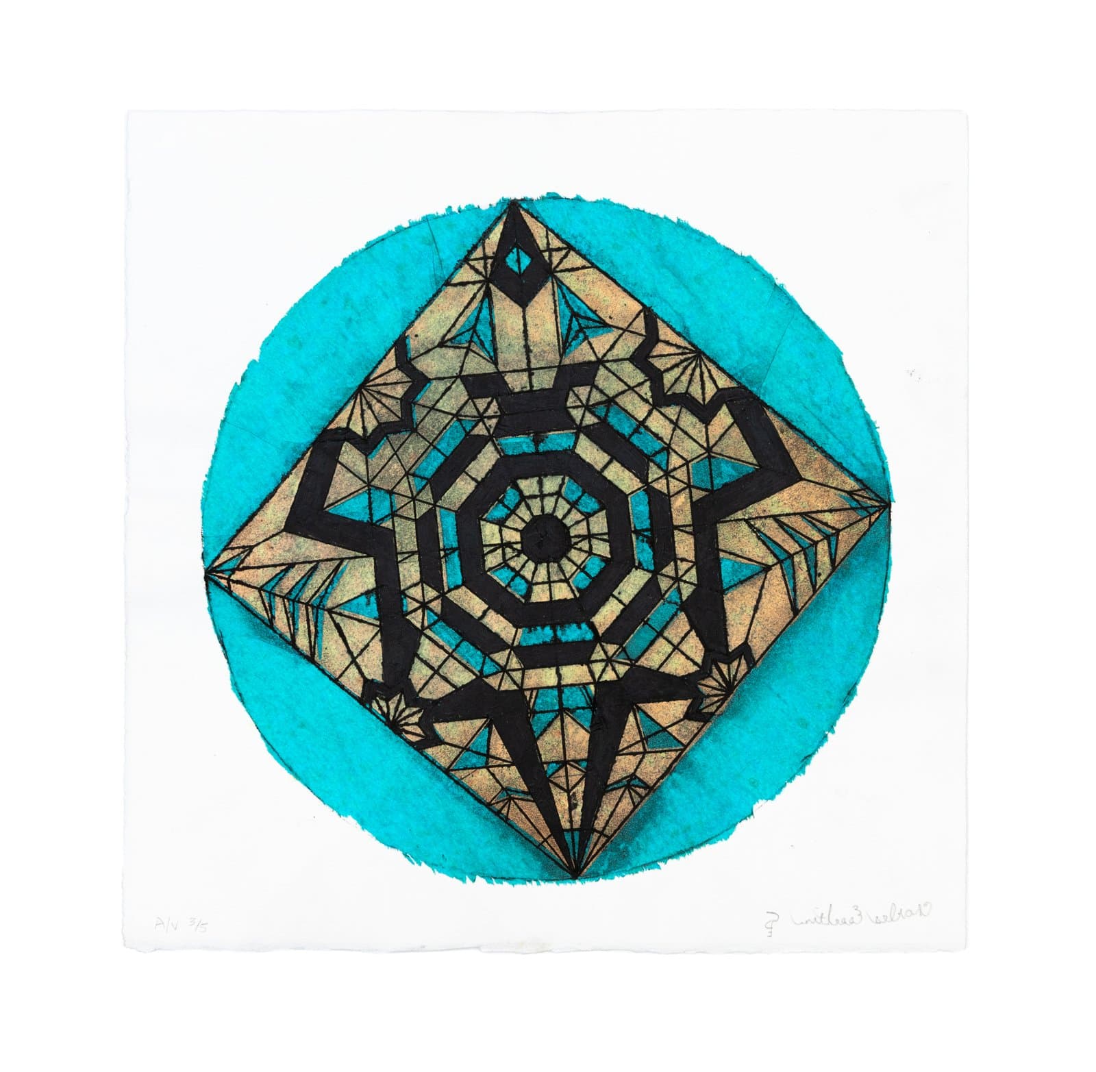 Hand colored etching with a geometric mandala: a diamond star shape over a teal circle, in black, gold, and teal on white paper.