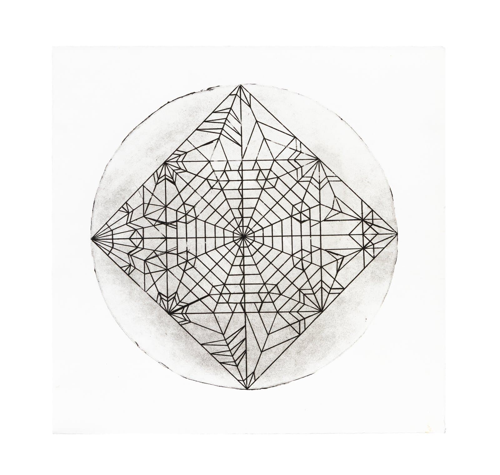 Etching on white paper featuring a symmetrical geometric design combining a circle, diamond, and web-like grid in black ink.