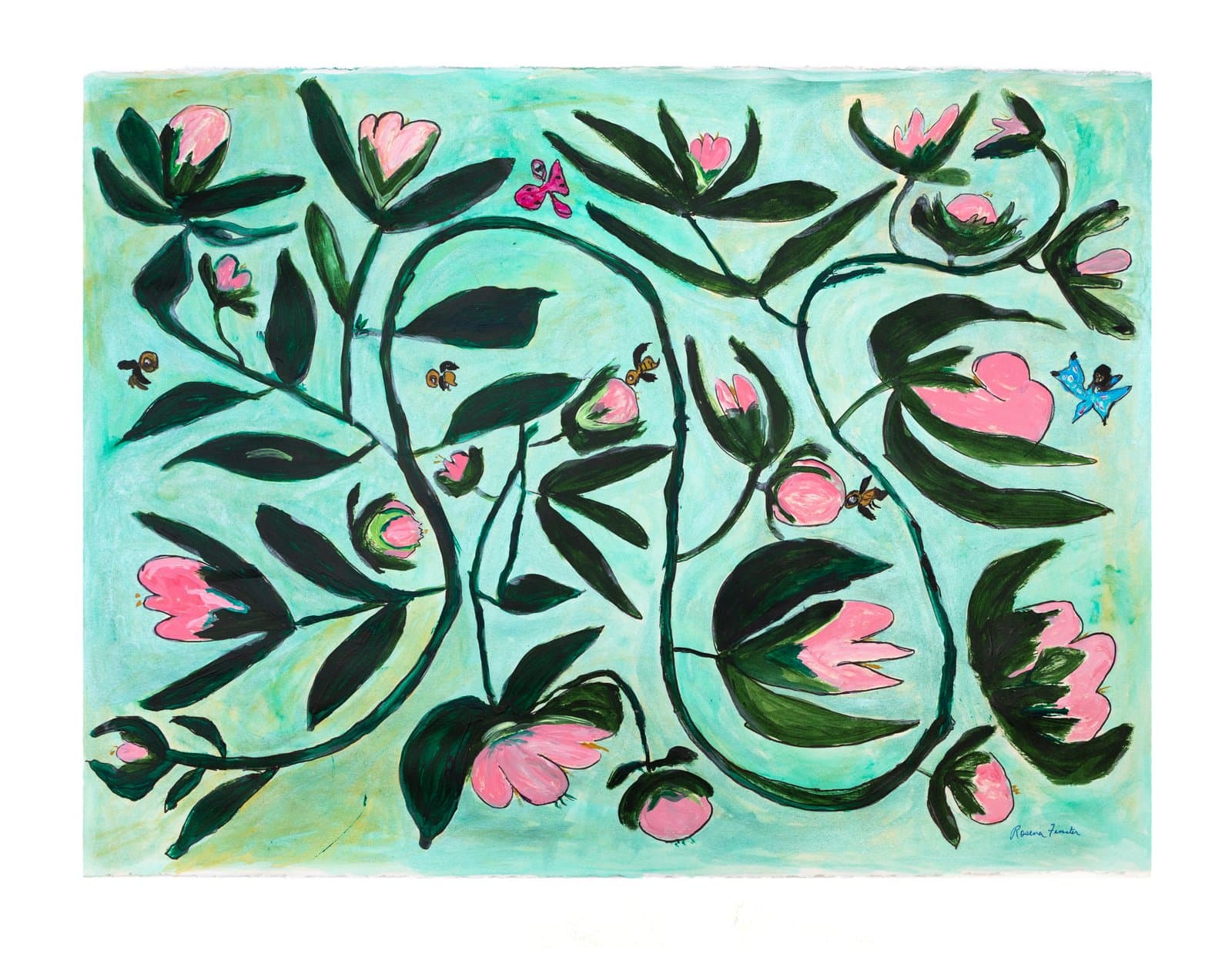Acrylic and ink painting of pink flowers, dark green leaves, bees, and butterflies on a turquoise background.