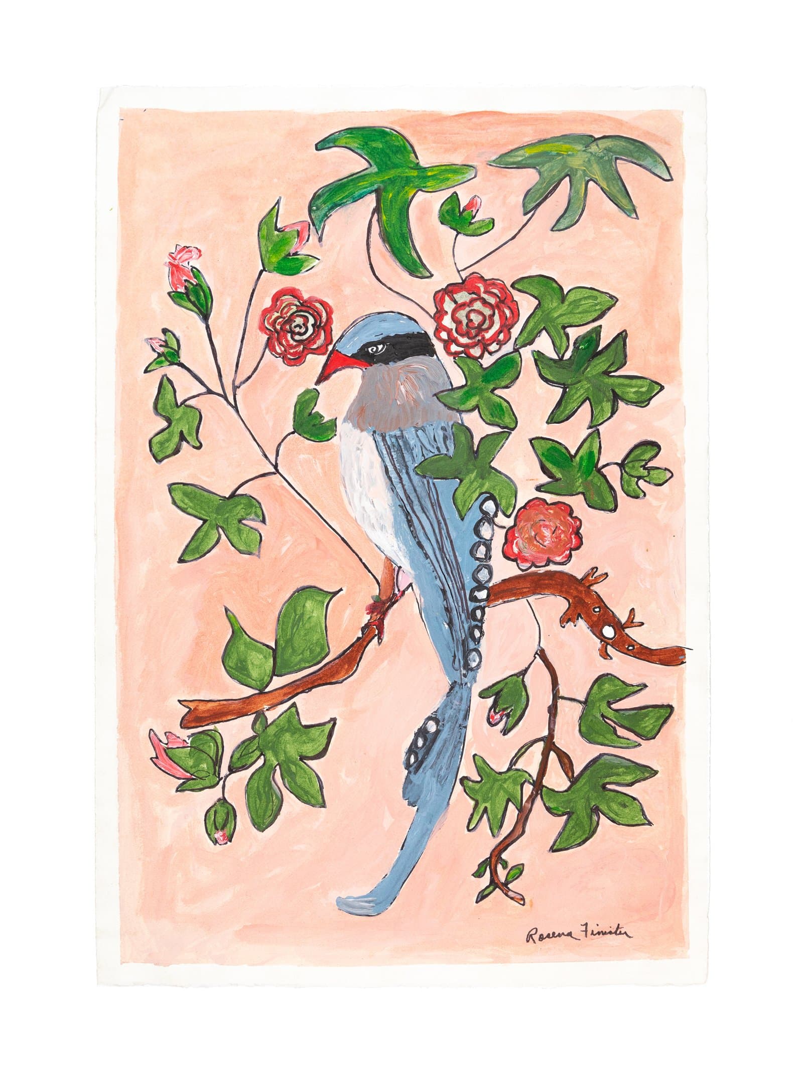 Acrylic and ink painting of a blue bird with a red beak perched on a branch among green leaves and red roses on a peach background.