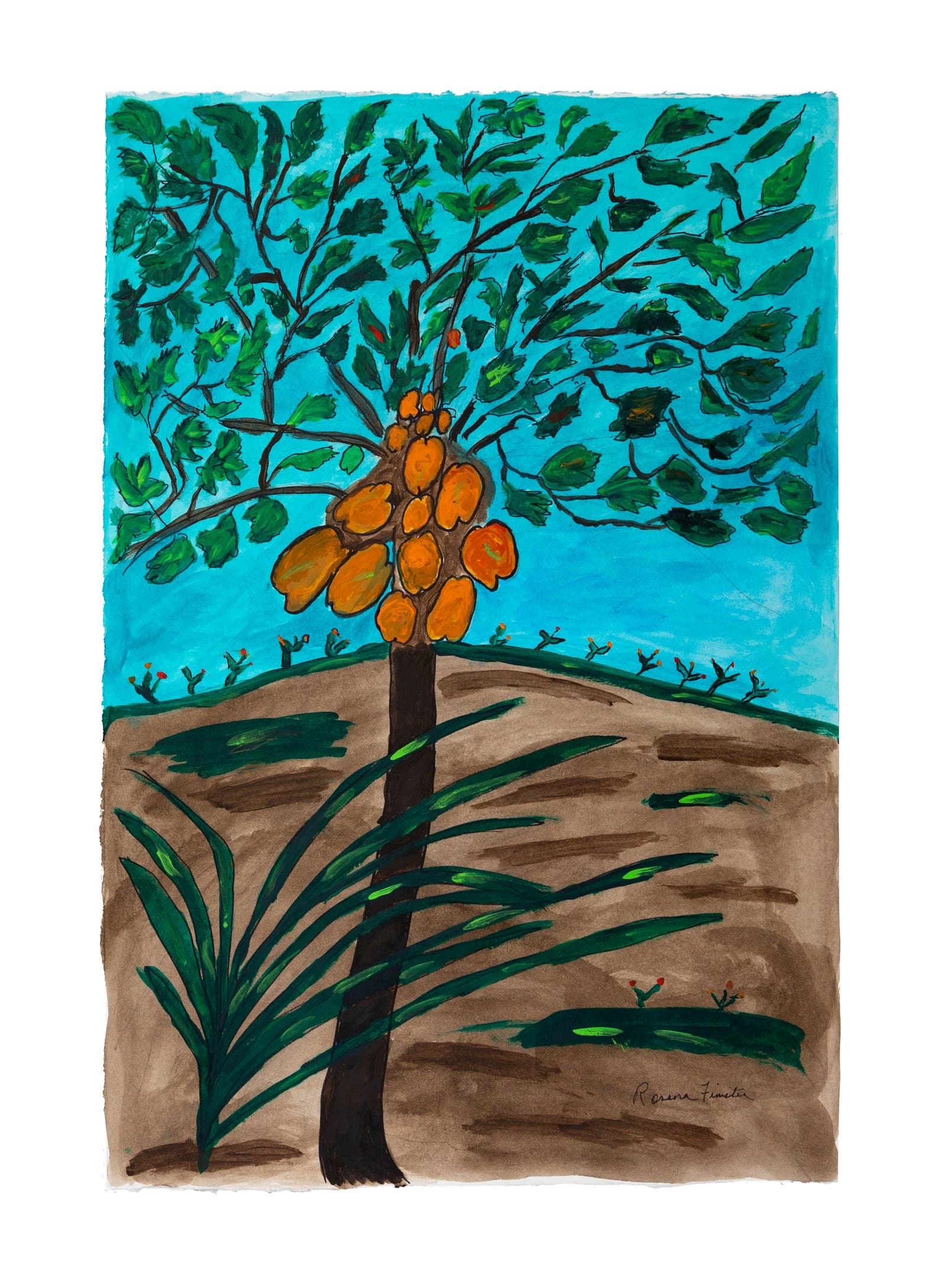 Acrylic and ink painting of a fruit tree with orange clusters against a bright turquoise sky above brown earth.
