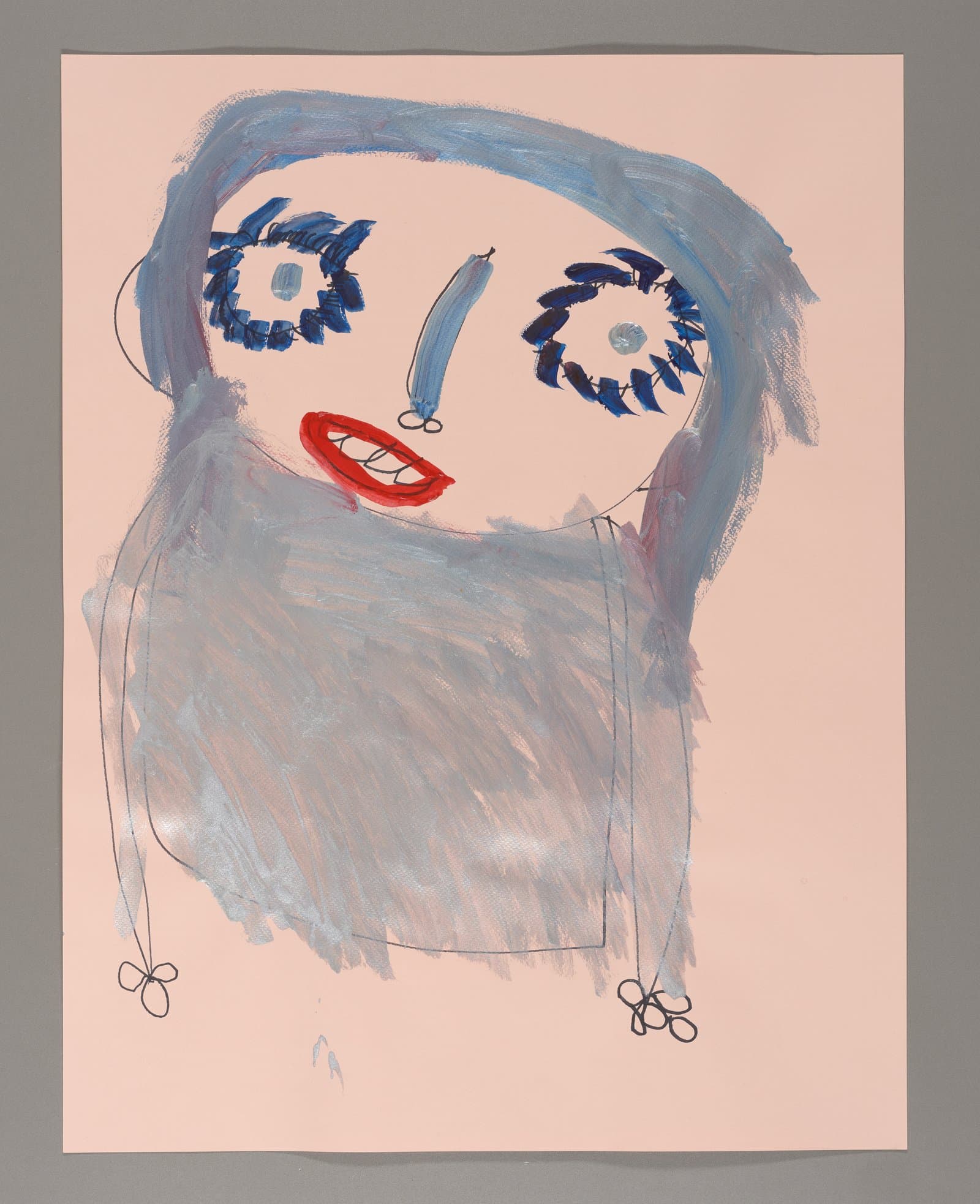 Figurative painting in acrylic and marker showing a person with blue hair and red lips on pink paper.
