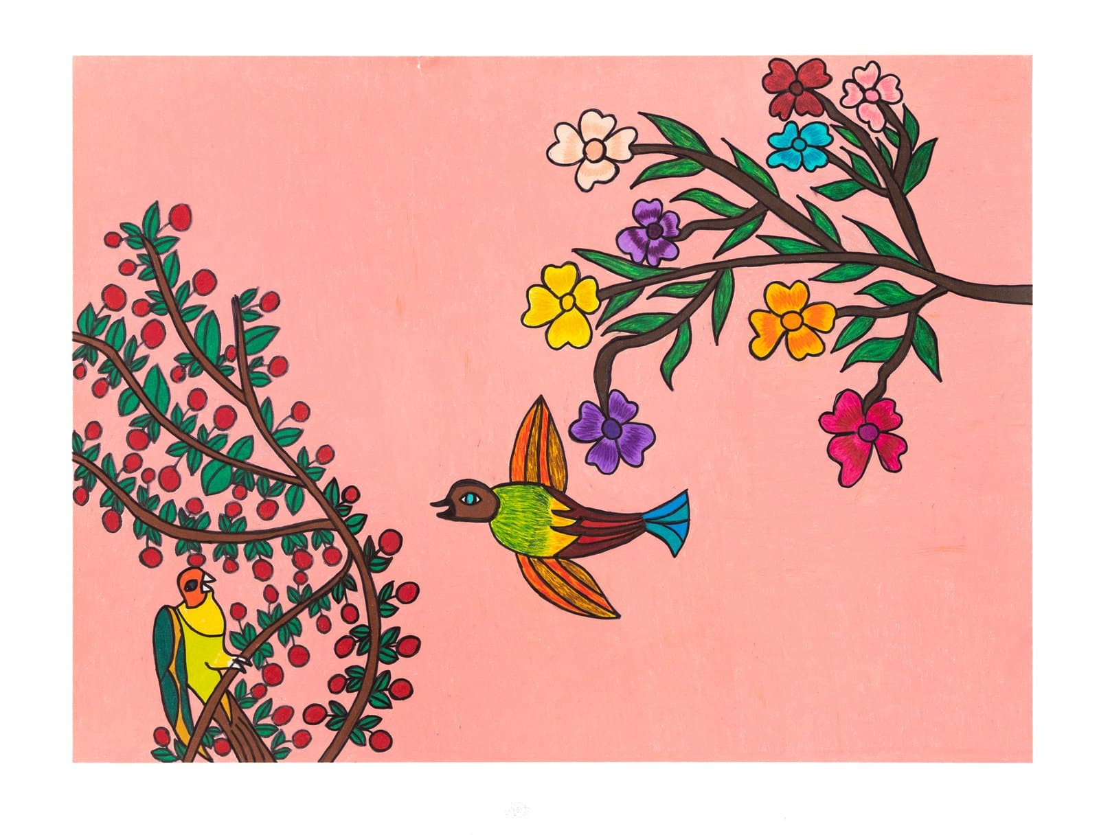 Colored pencil drawing of two birds amid flowering branches and red berries on a salmon-pink background.