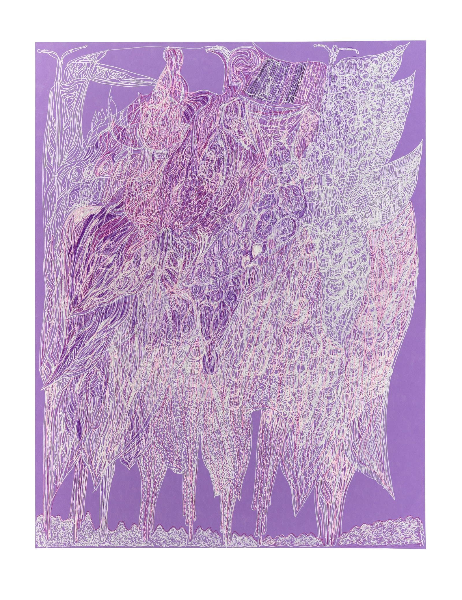 Densely lined ink drawing on purple paper depicting layered figural and organic forms in white and pink lines.