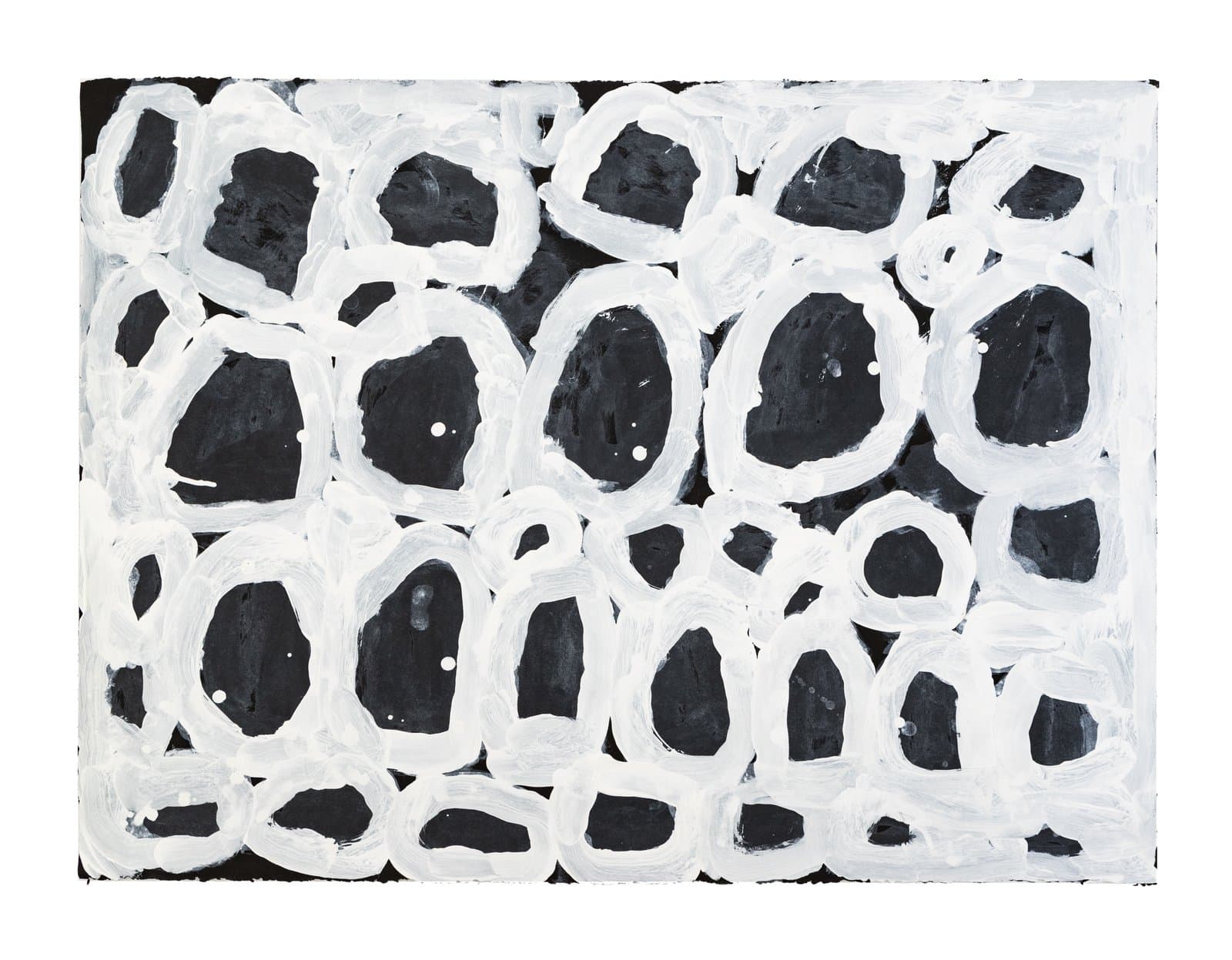 Abstract acrylic painting on paper with a grid of white oval outlines against a black background, with small white dots.