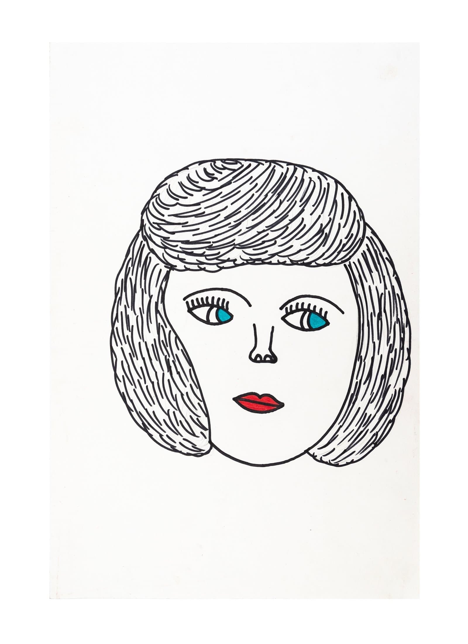 Ink drawing of a woman's face with a bob hairstyle, blue eyes, and red lips on white paper.