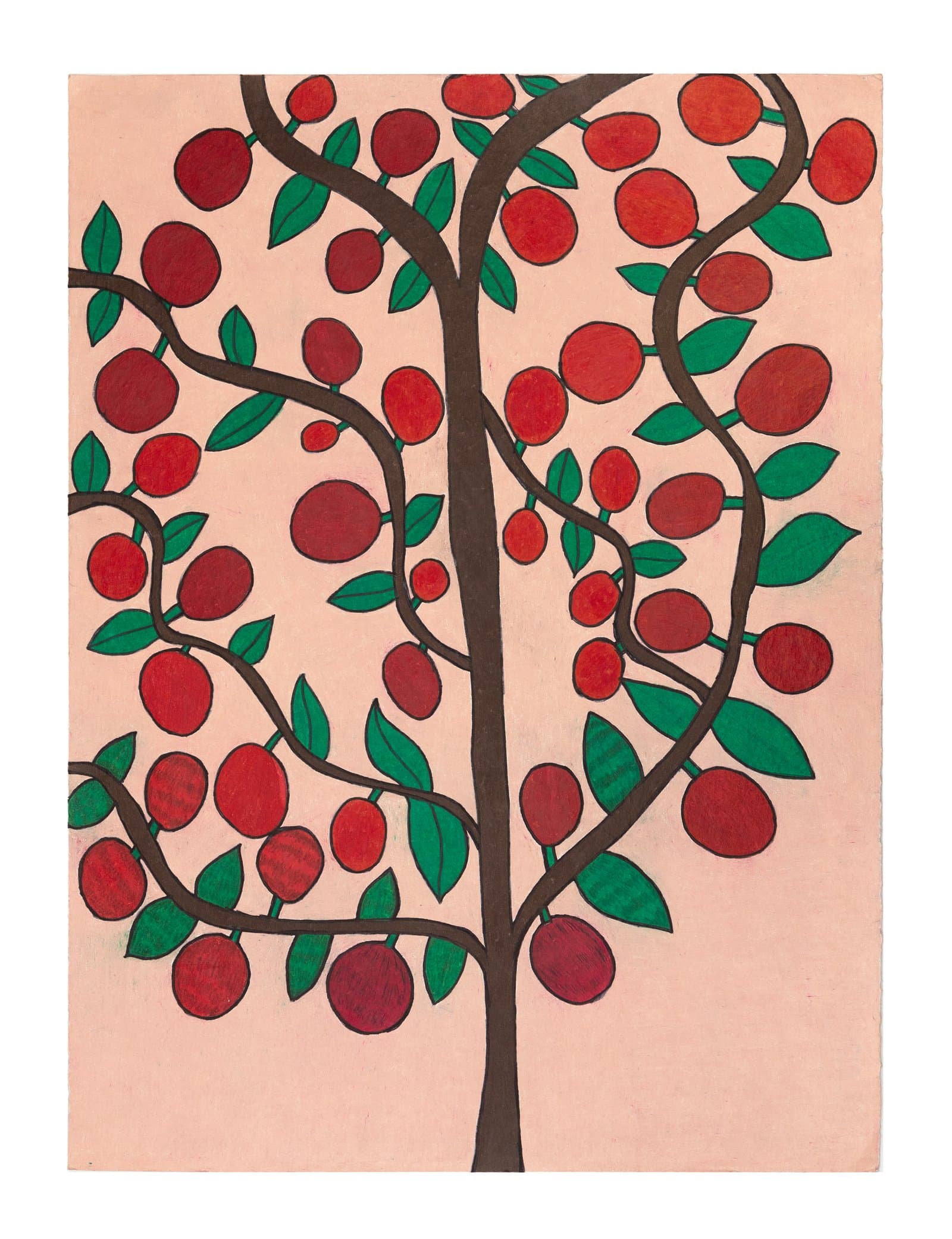 Colored pencil drawing of a fruit tree with red round fruits and green leaves on a peach background.