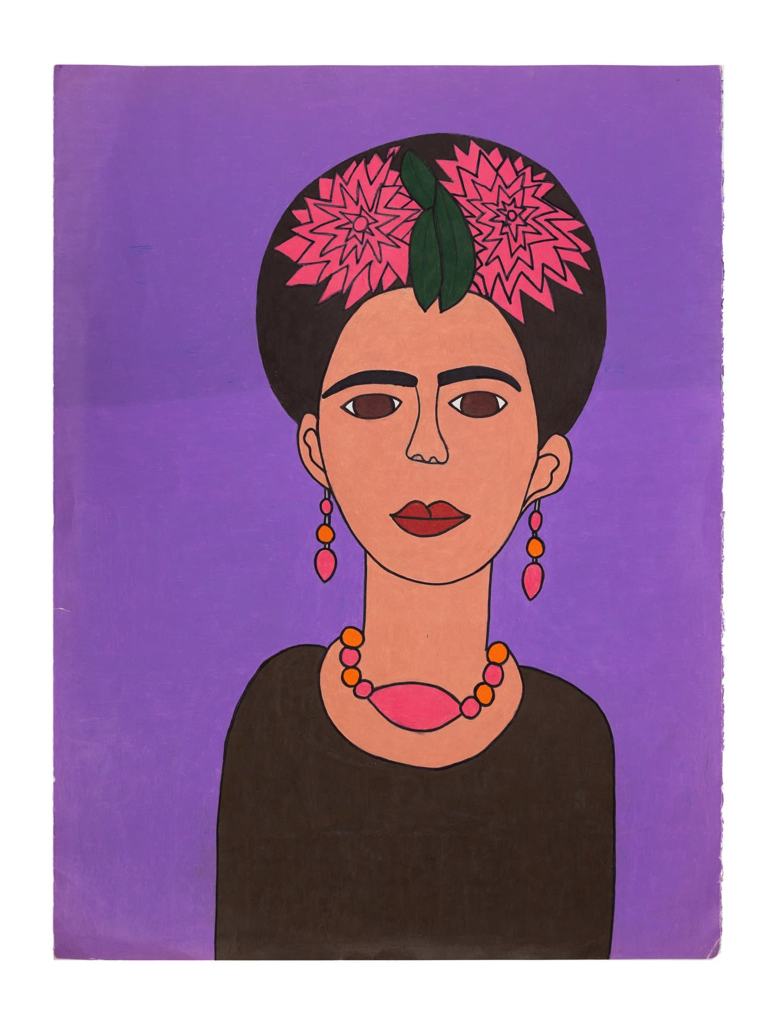Figurative portrait in colored pencil of a woman with dark upswept hair, pink floral headpiece, and jewelry on purple background.