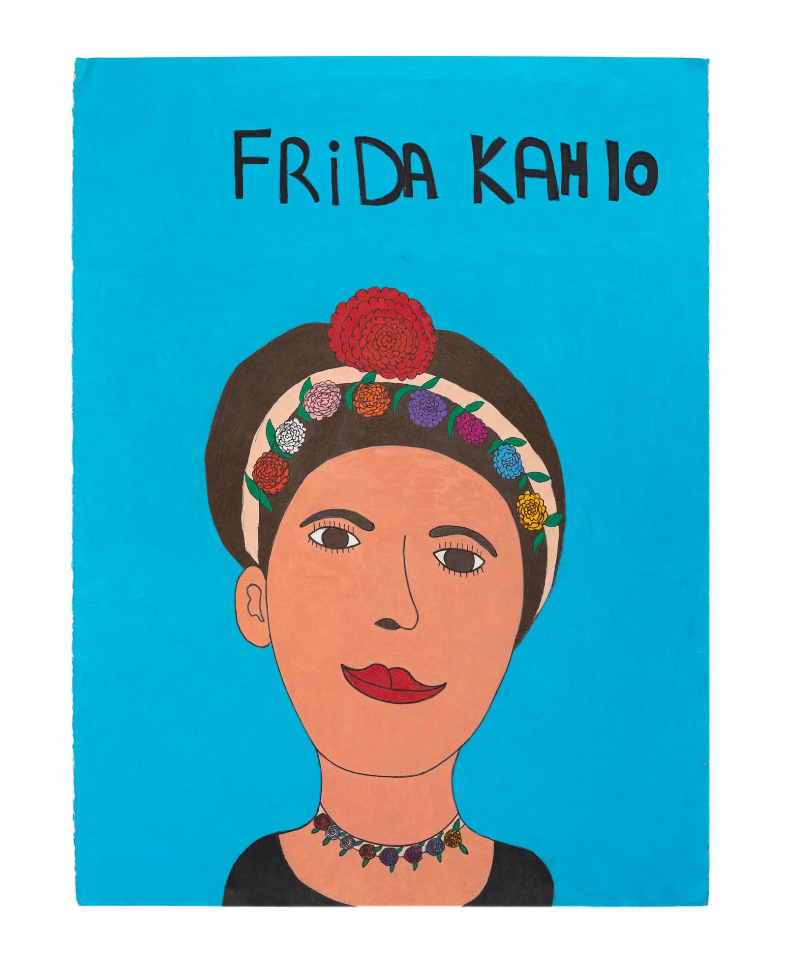 Colored pencil portrait of Frida Kahlo on bright turquoise paper with floral crown and text above reading 'FRIDA KAHLO.'