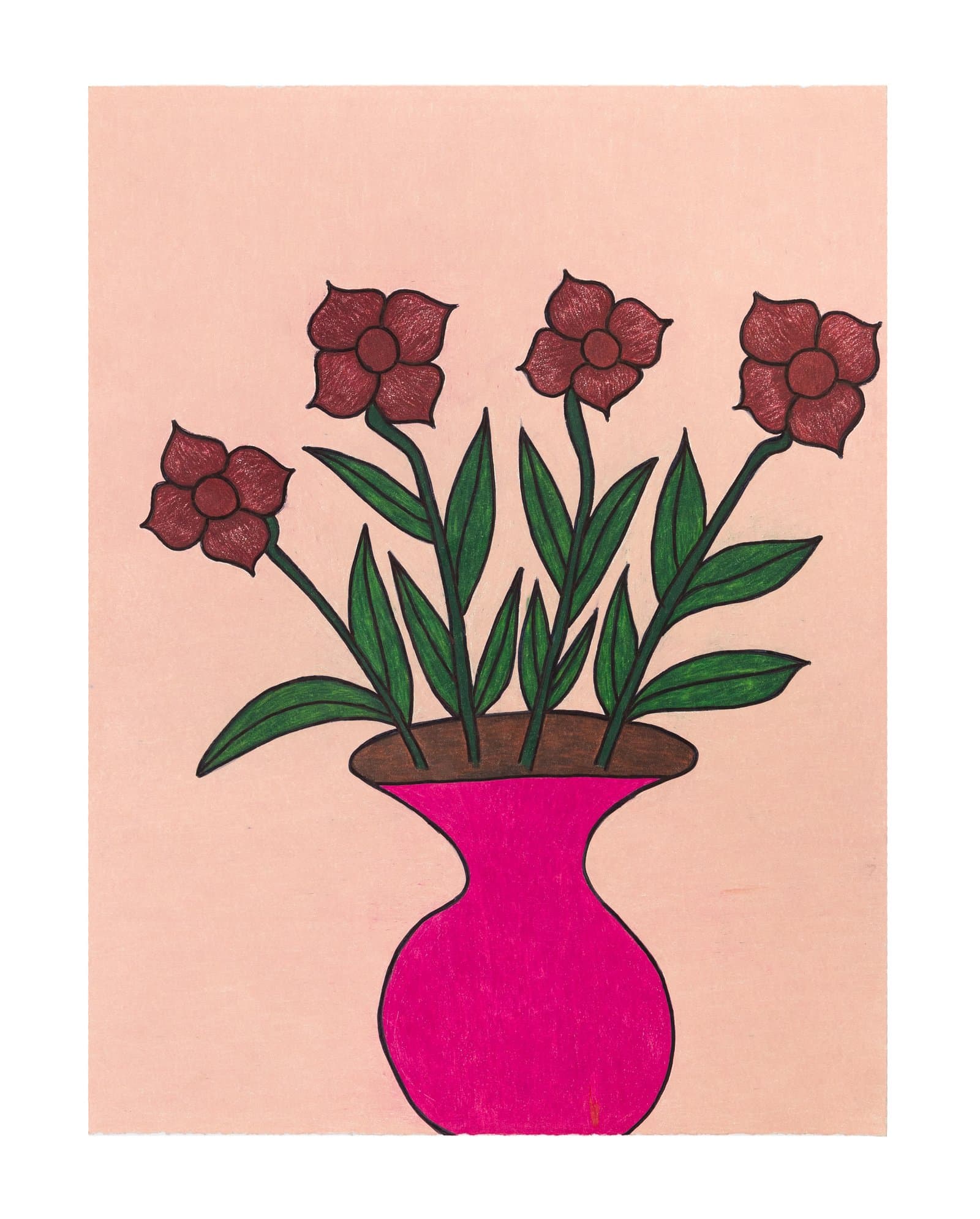 Colored pencil drawing of four dark red flowers with green leaves in a bright magenta vase on a peach background.
