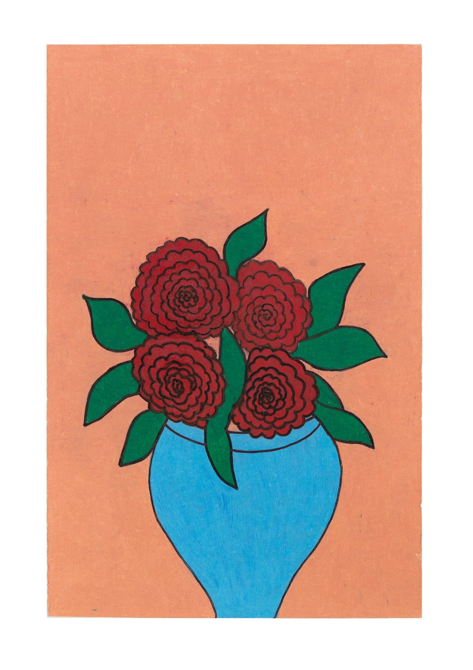 Colored pencil drawing of five red flowers in a blue vase against a peach background on orange-toned paper.