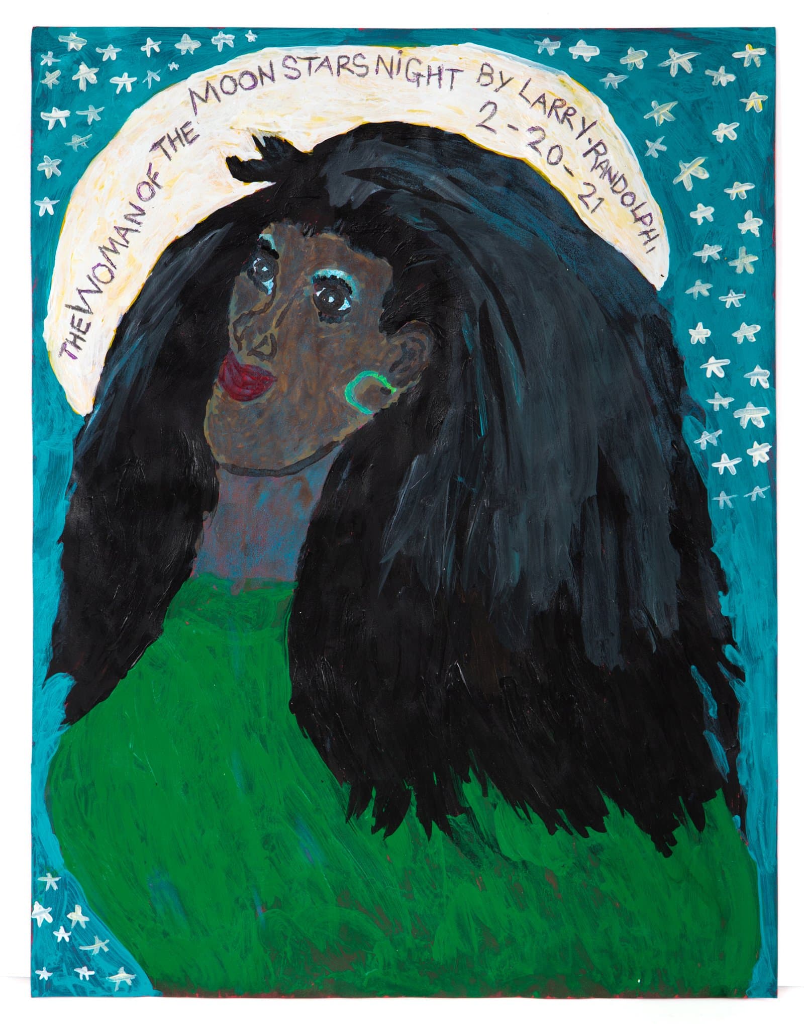 Acrylic painting of a woman with voluminous black hair, green top, and golden halo on a teal starry background.