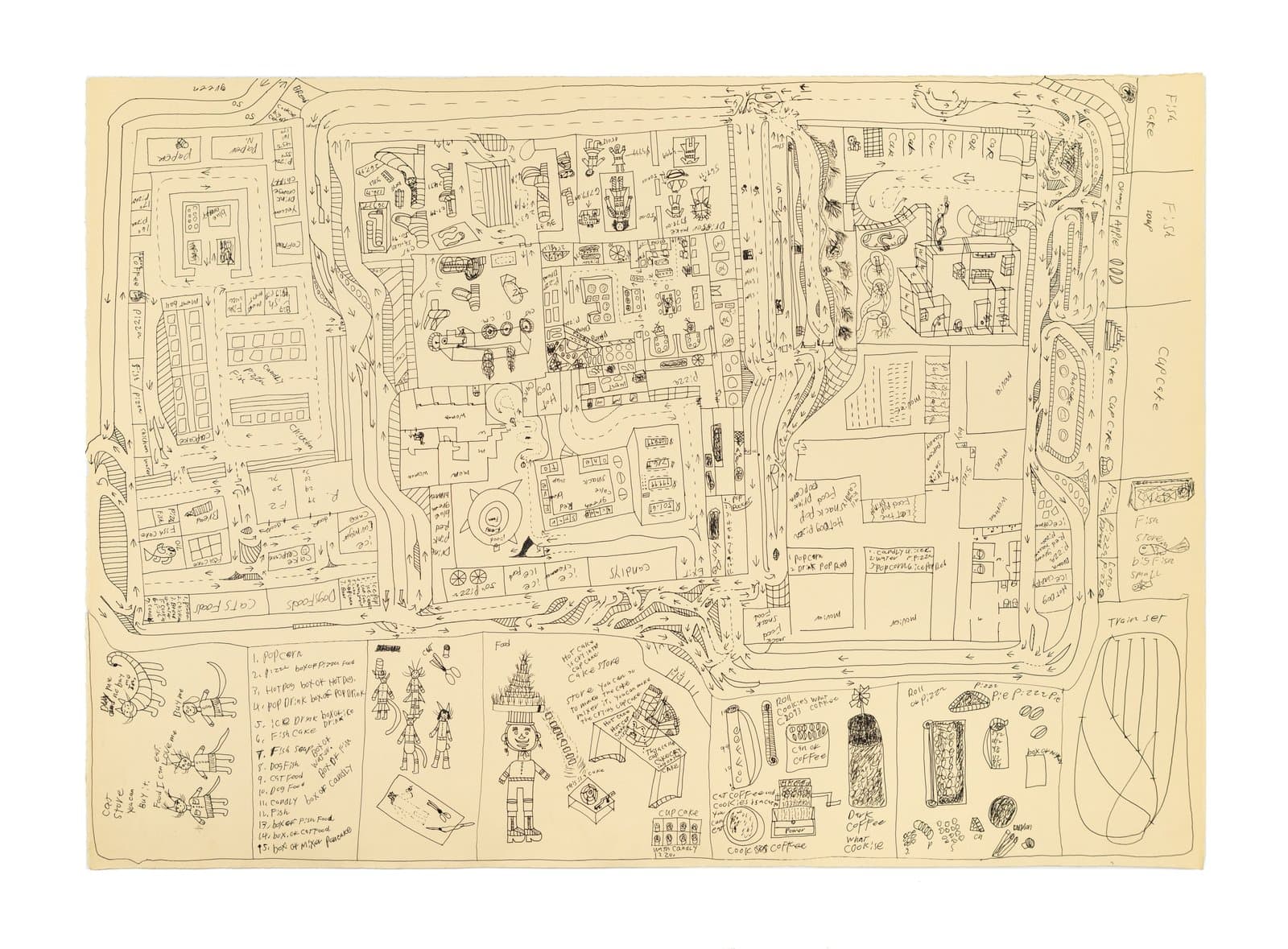 Large ink drawing on yellowed paper depicting a detailed bird's-eye map of a city with figures, buildings, and handwritten labels.