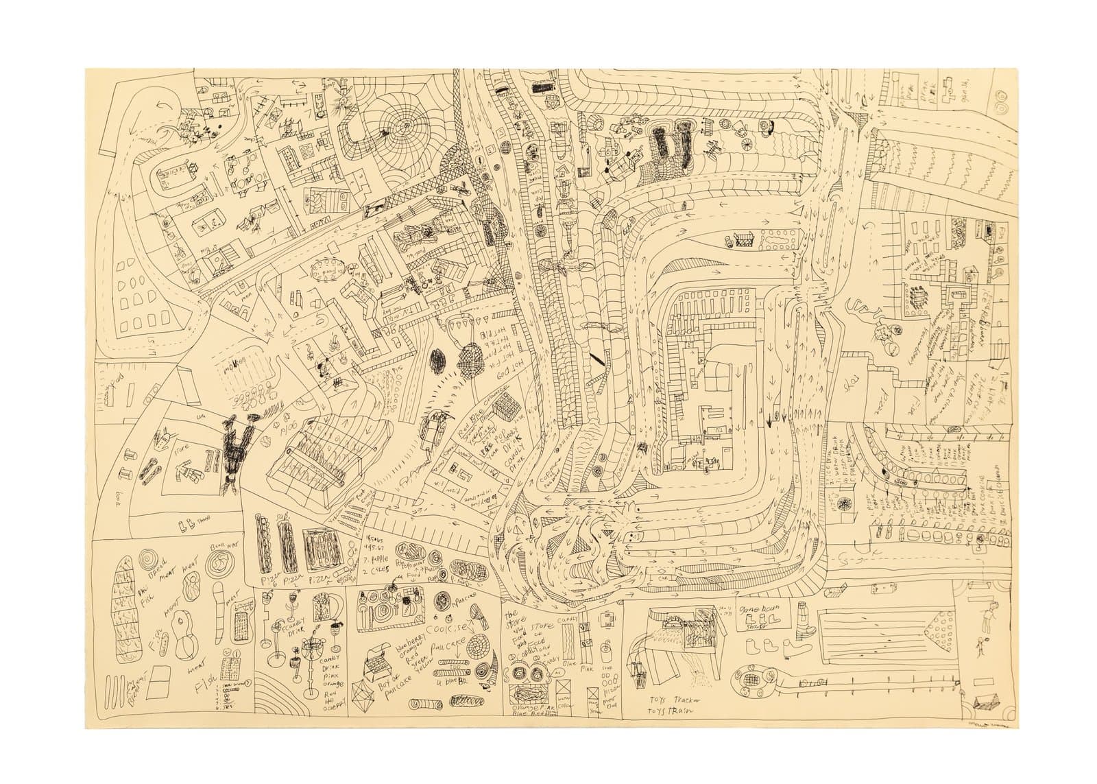Large-scale ink drawing on cream paper depicting a densely detailed aerial map of a city with roads, buildings, and handwritten labels.