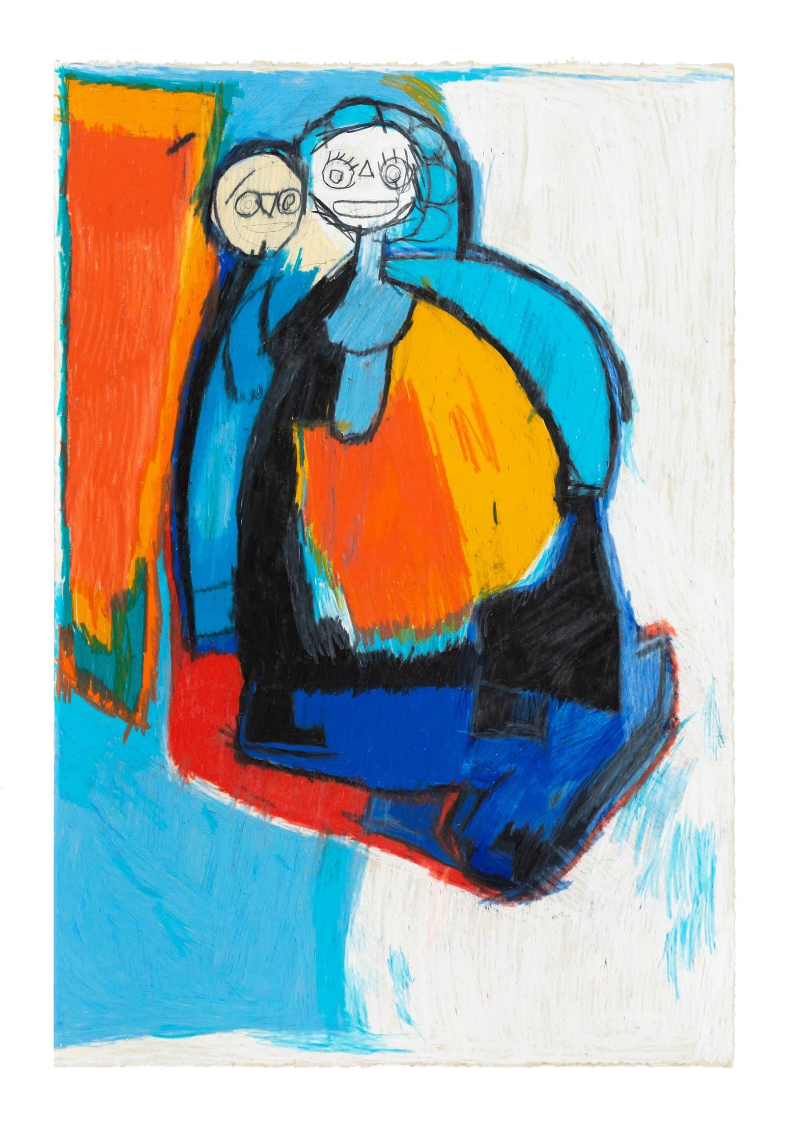 Pastel on paper depicting a seated figure in bold blue, orange, and black beside a smaller circular face, on a bright background.