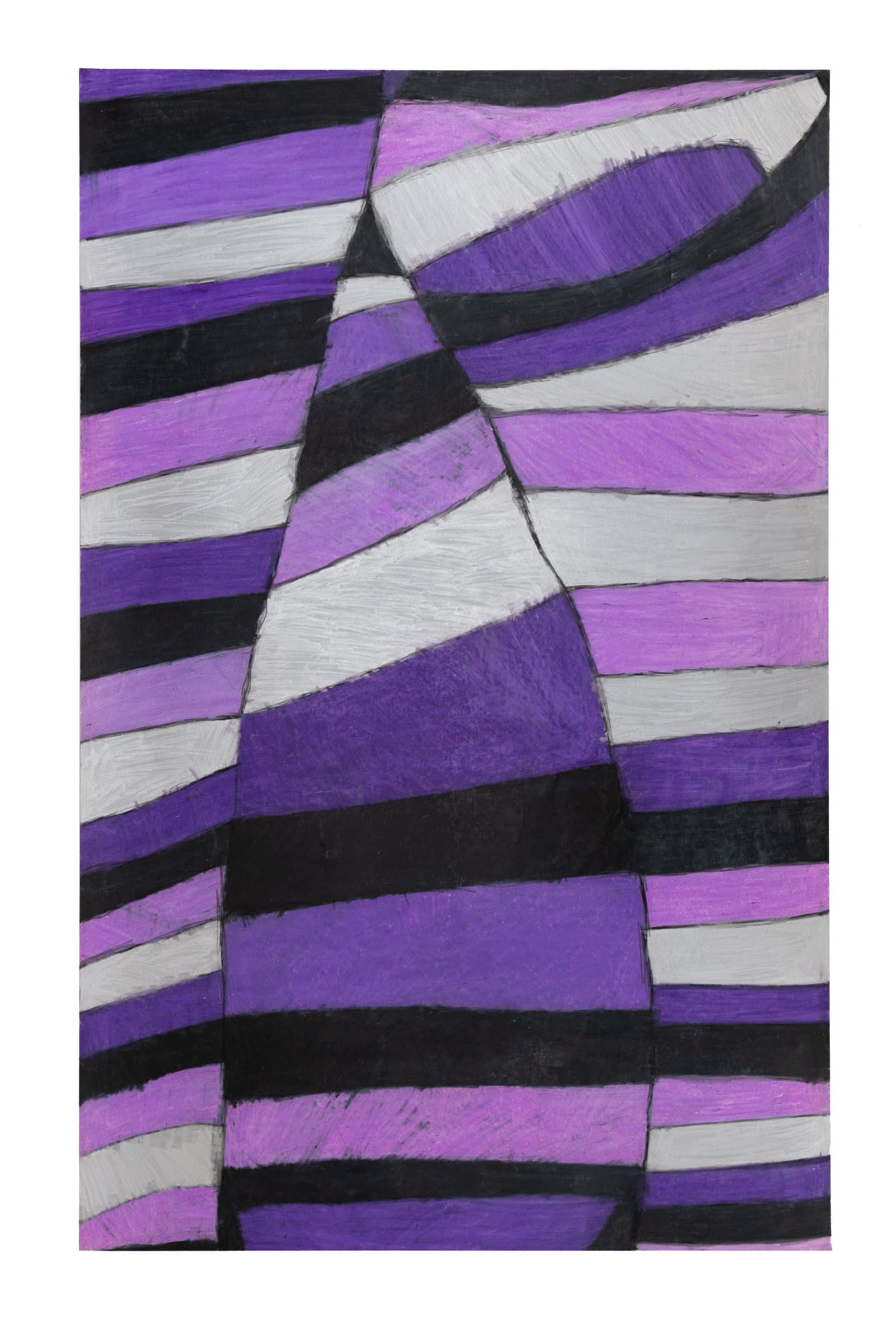Abstract pastel drawing with bold horizontal stripes in purple, violet, gray, and black, divided by a central curved form.