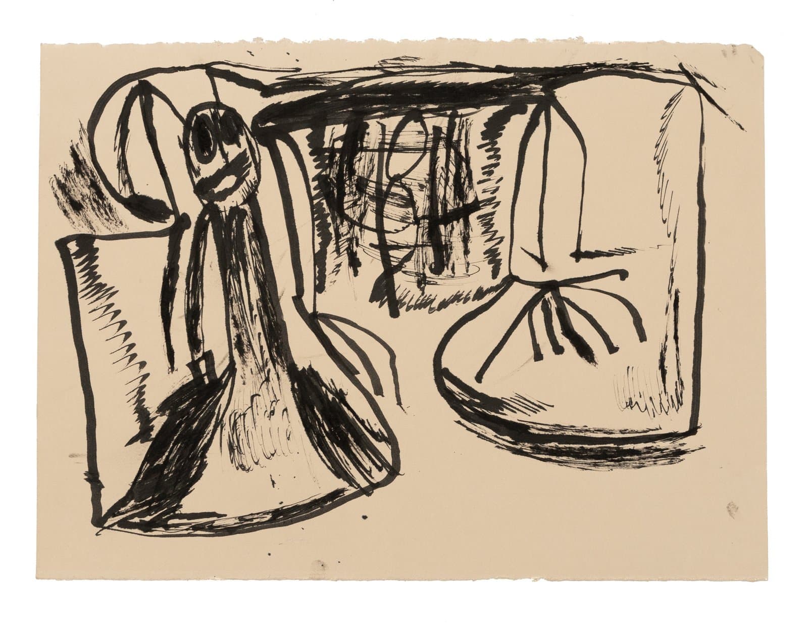 Ink drawing on cream paper with bold black brushwork depicting a figure and geometric forms in an expressive style.
