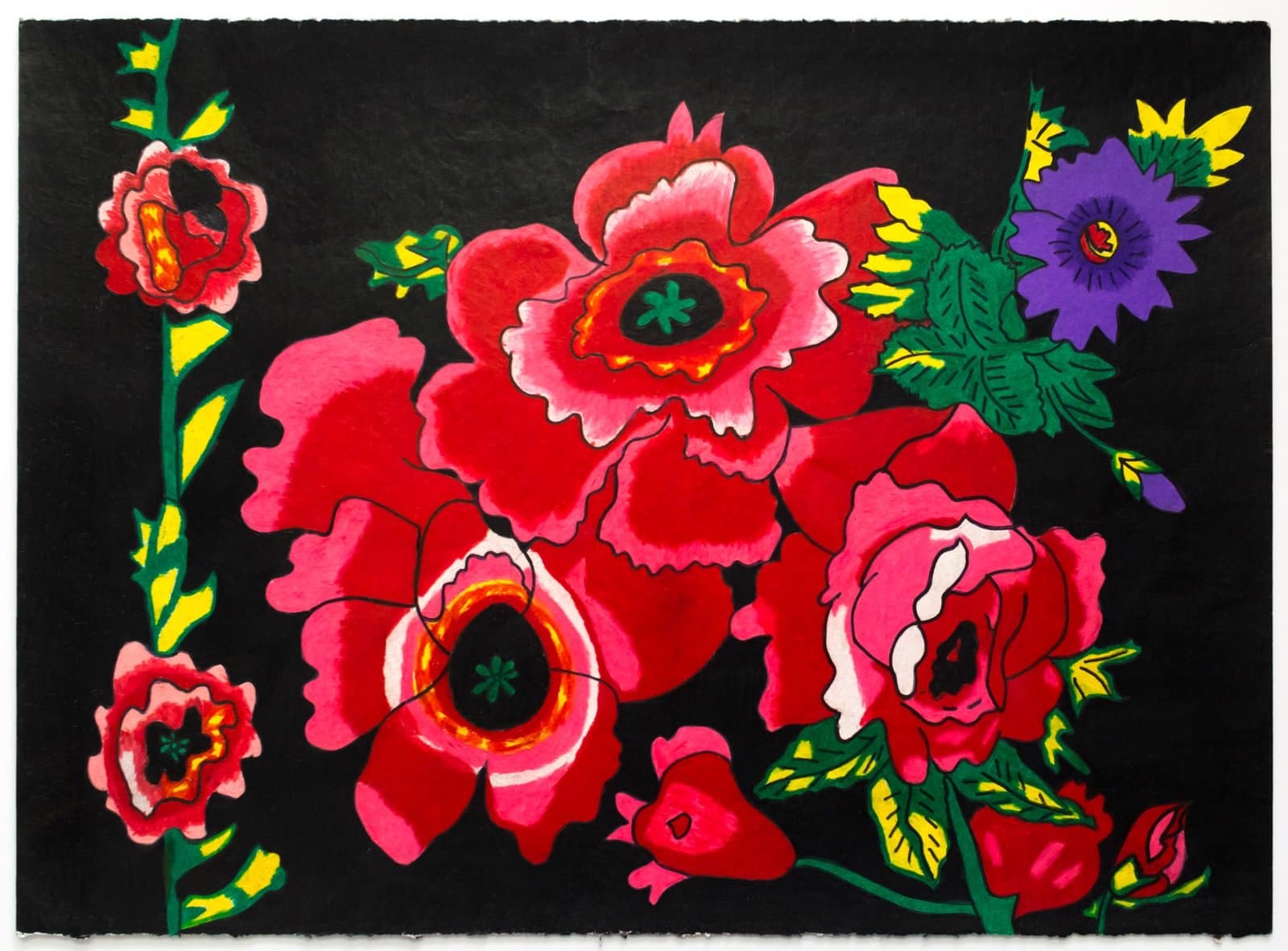 Colorful floral painting with large red and pink blooms, green leaves, and purple flower against black background