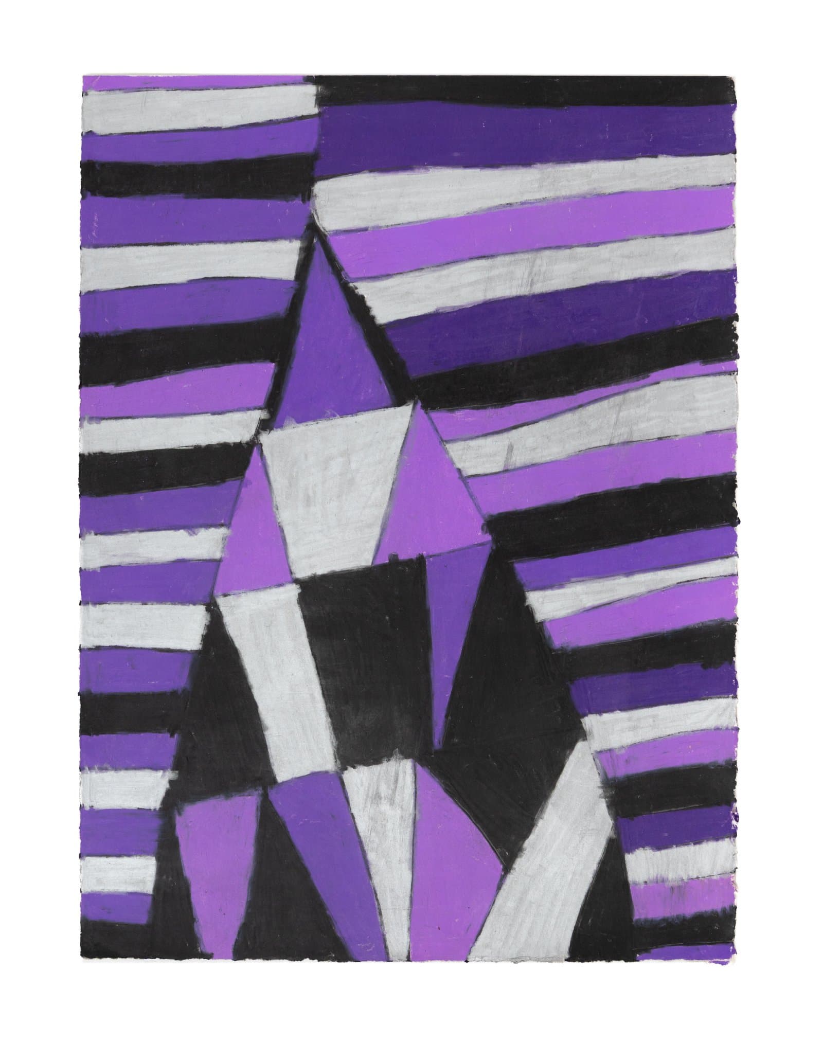 Abstract pastel drawing with geometric triangular forms and horizontal stripes in purple, black, and white/gray.