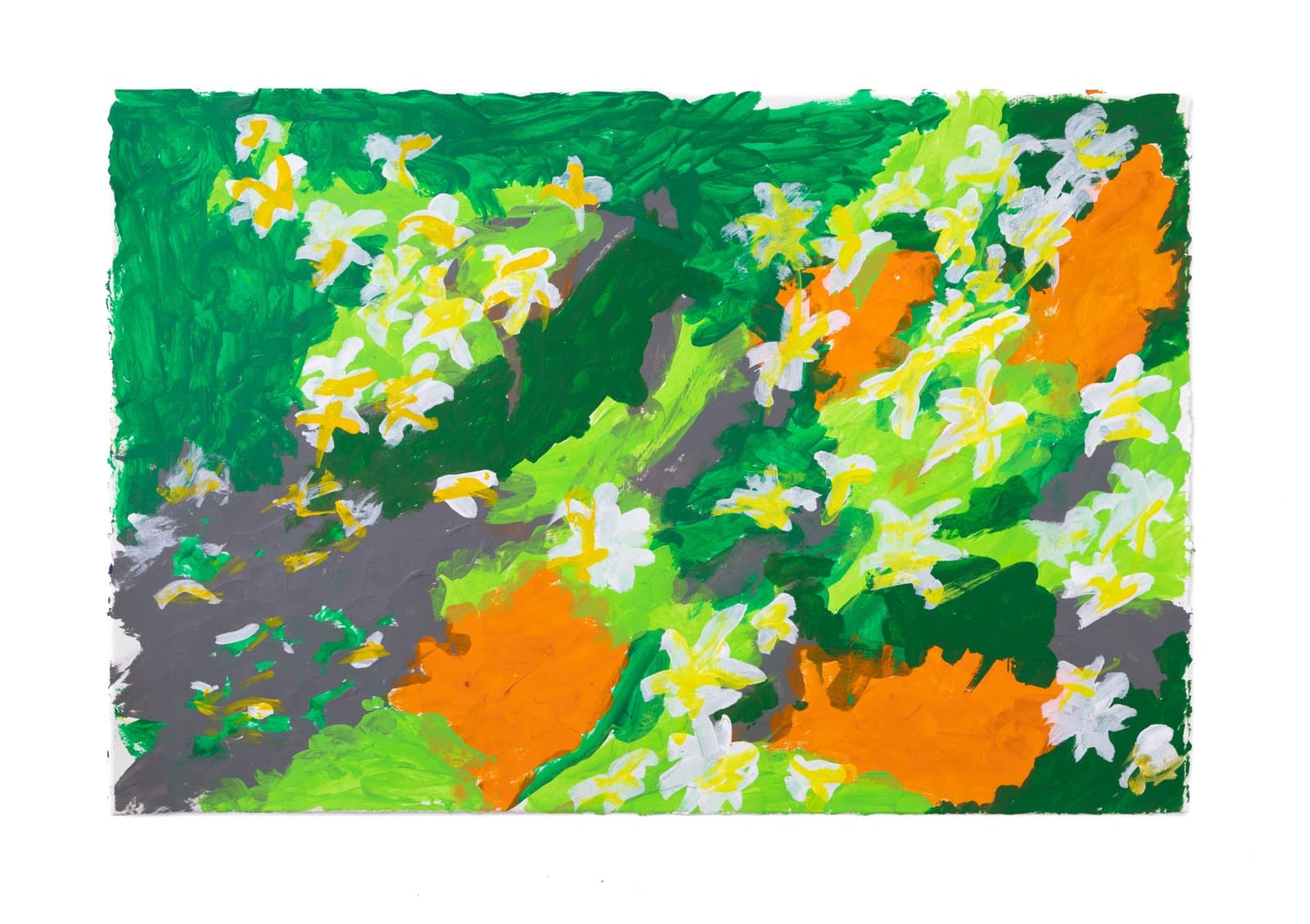 Acrylic painting on paper with white and yellow flowers scattered across a ground of green, orange, and gray.