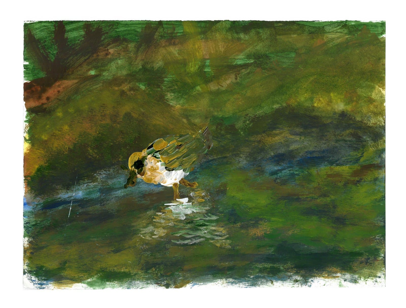 Acrylic painting of a duck at water's edge surrounded by lush green foliage, with visible brushwork on paper.
