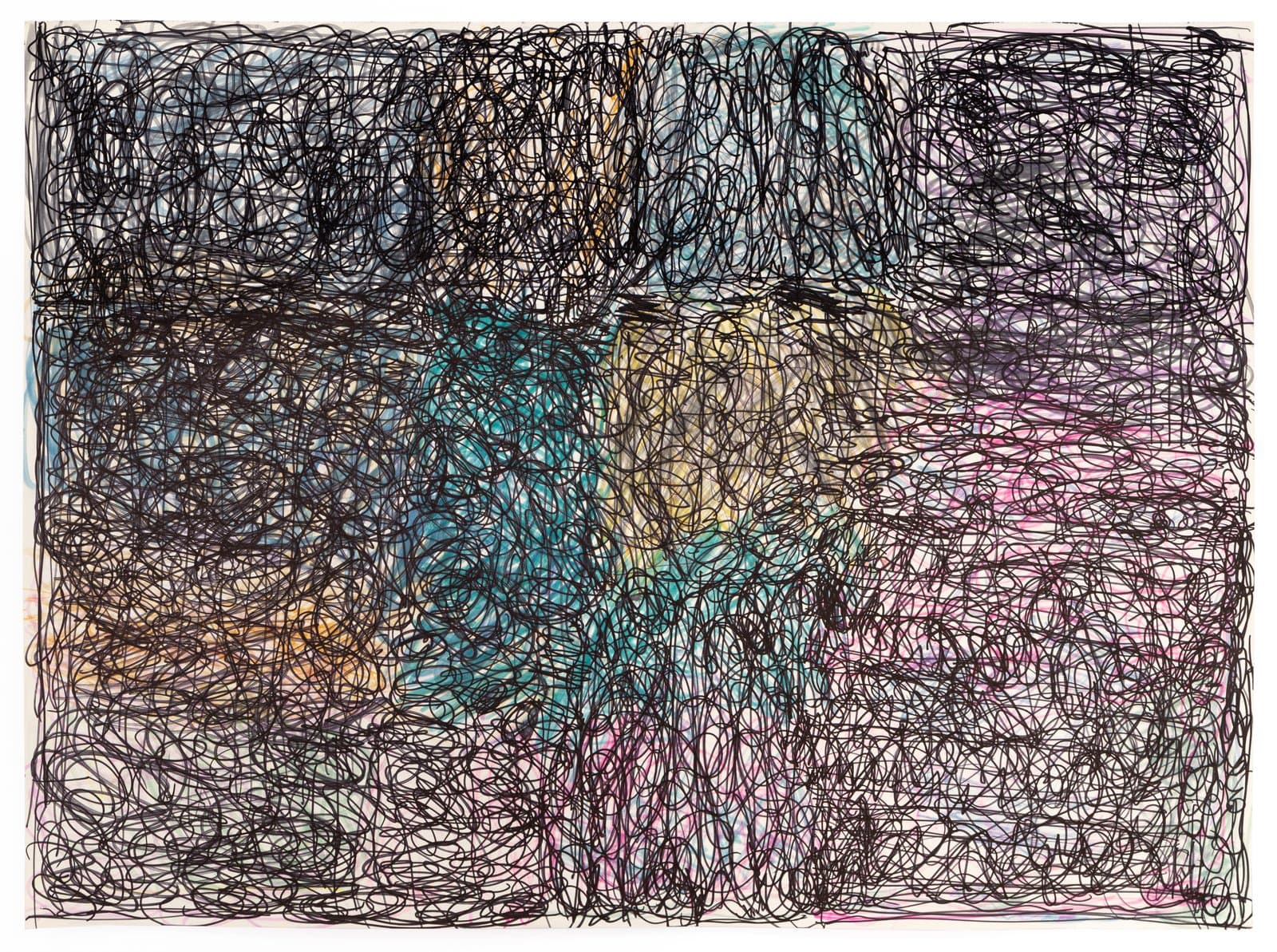 Abstract drawing in ink with dense overlapping scribbled lines in multiple colors across white paper.