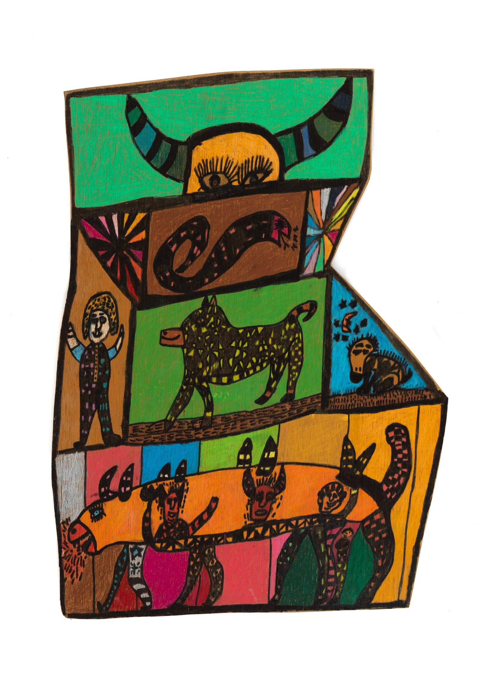 Acrylic on irregularly shaped wood panel featuring layered scenes with patterned animals, a horned figure, and bold geometric color blocks.