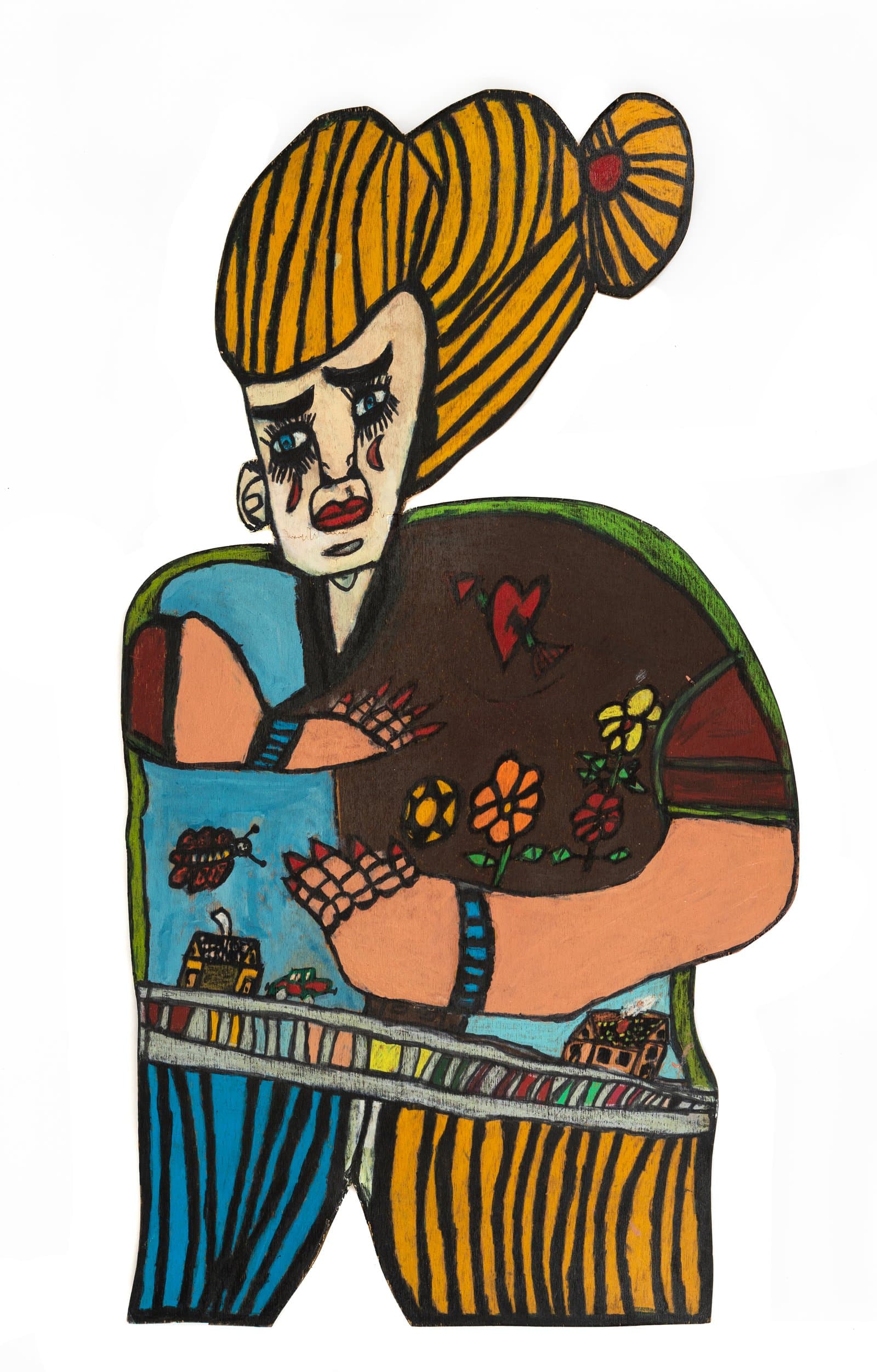 Figurative acrylic painting on cut wood silhouette of a person with striped orange hair holding a dark rounded form with flowers.