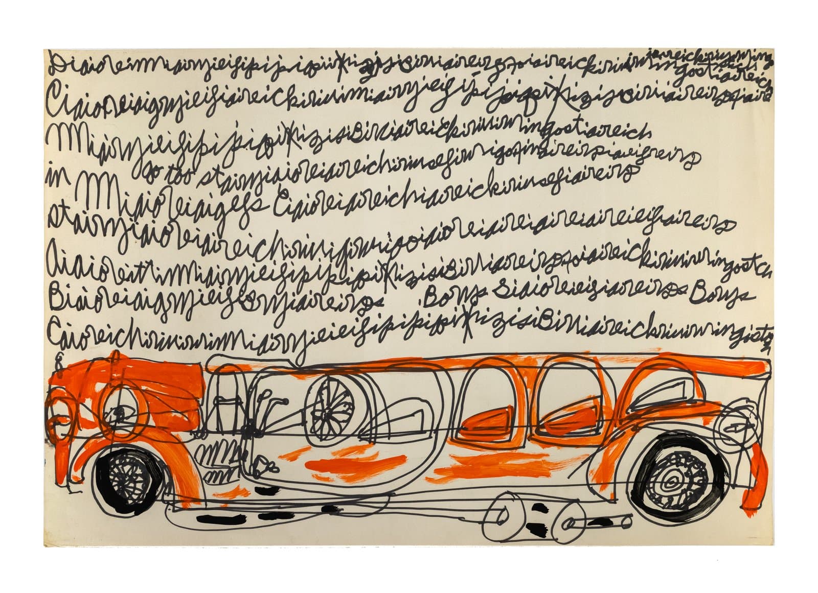 Ink and acrylic drawing of a large orange bus in profile, topped with dense cursive script, on white paper.