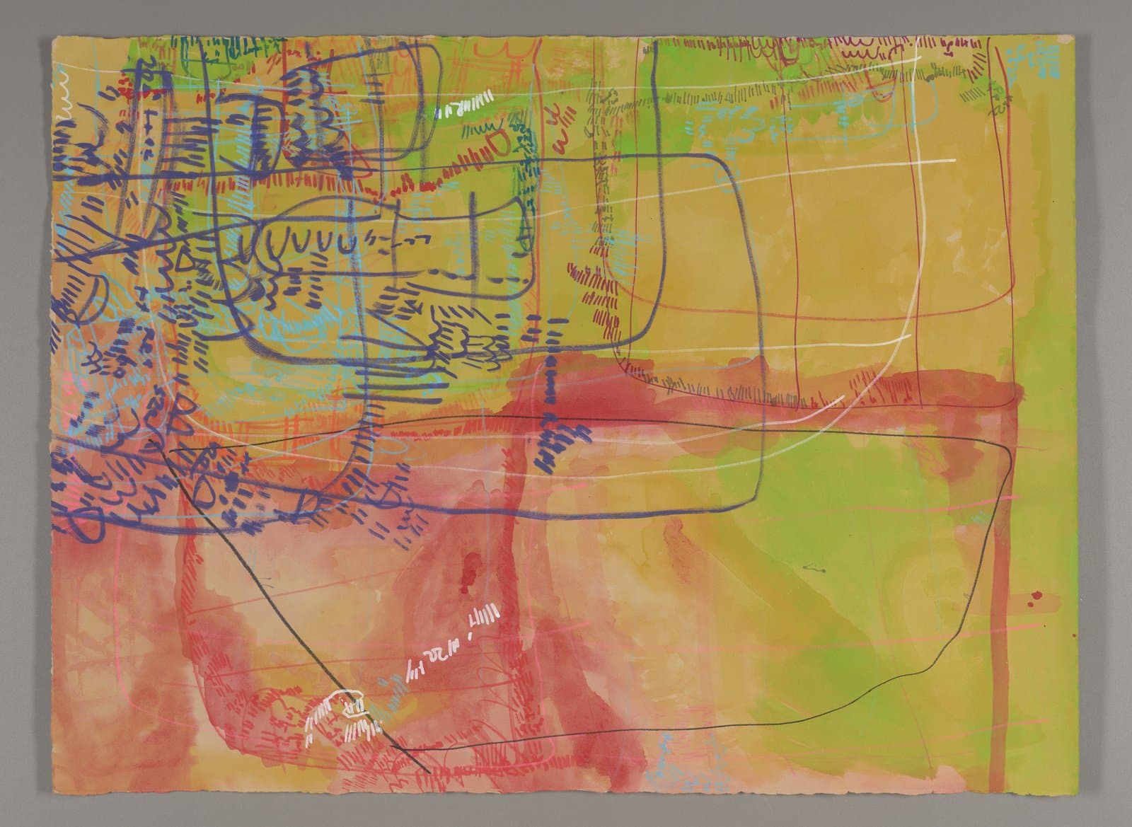 Abstract mixed media drawing with layered geometric forms and dense linear marks in yellow, red, and green on paper.