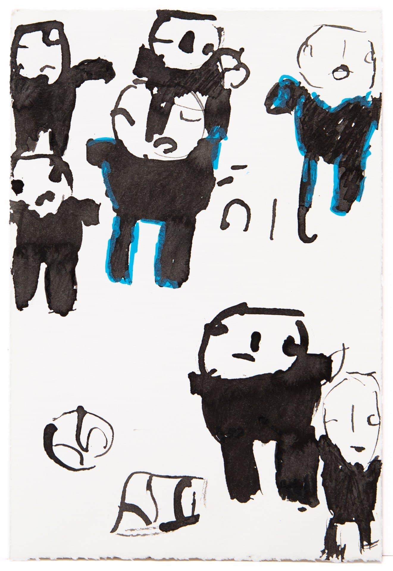 Watercolor drawing with black ink and blue accents showing simplified human figures on white paper