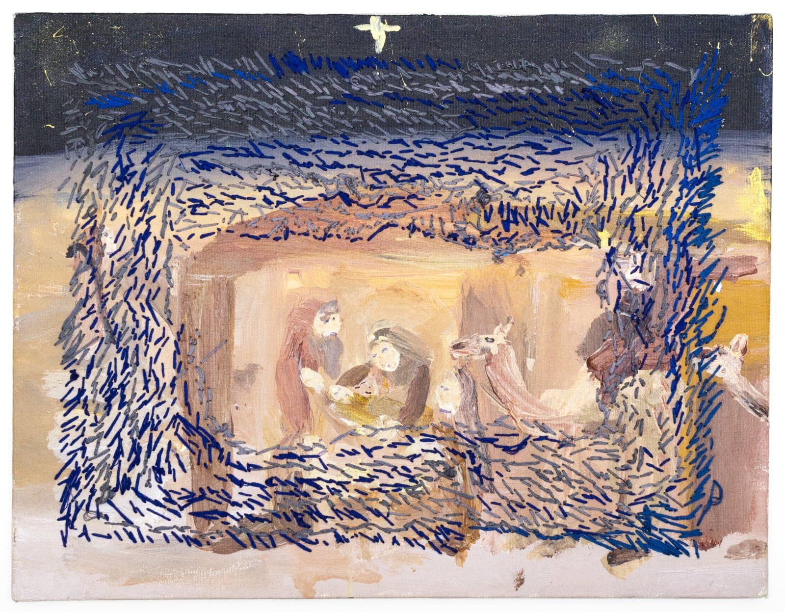 Embroidered canvas depicting a Nativity scene with dense blue thread stitching framing a painted stable interior.
