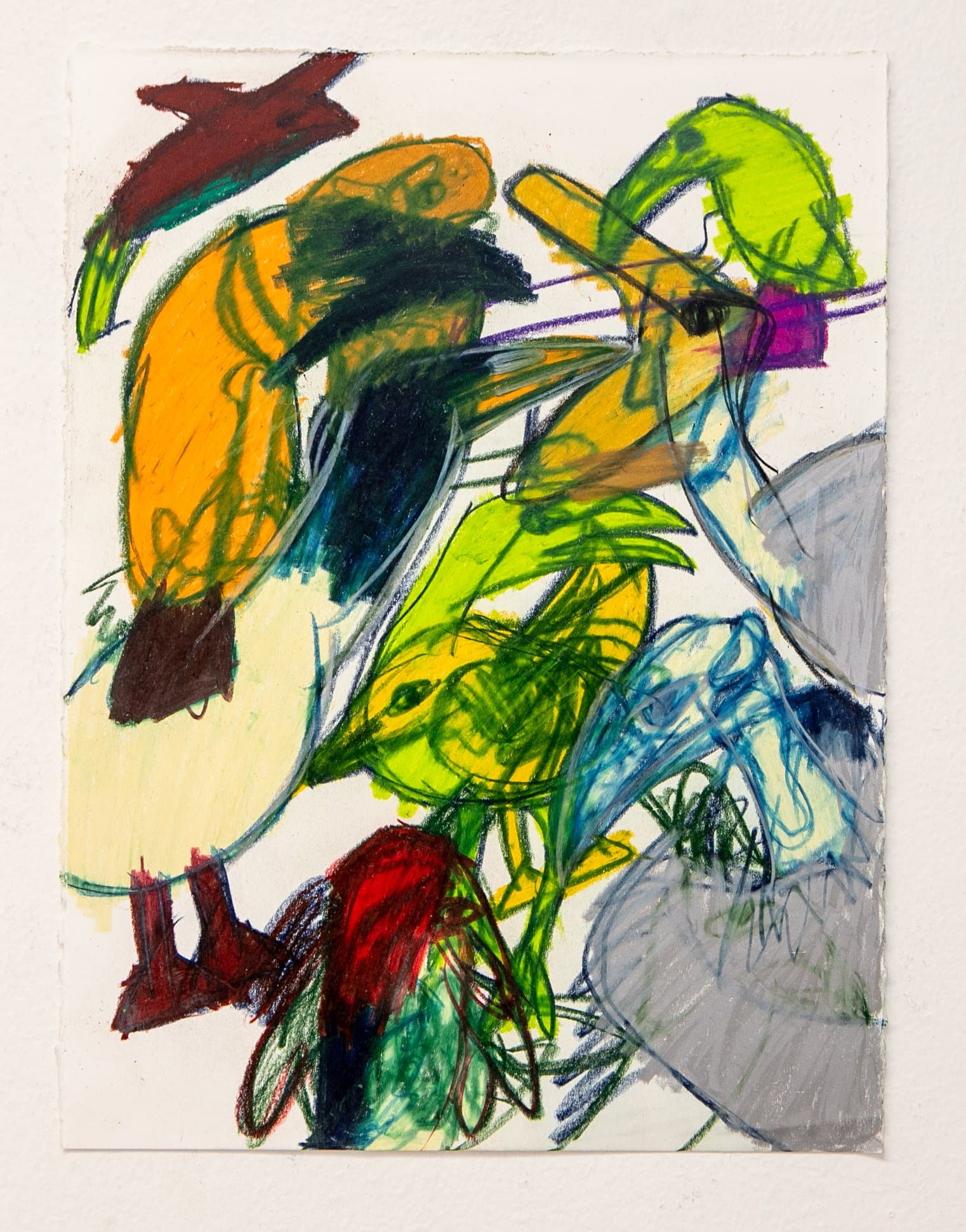 Expressive drawing in Prisma stix on white paper featuring layered bird-like forms in orange, yellow-green, red, and gray.