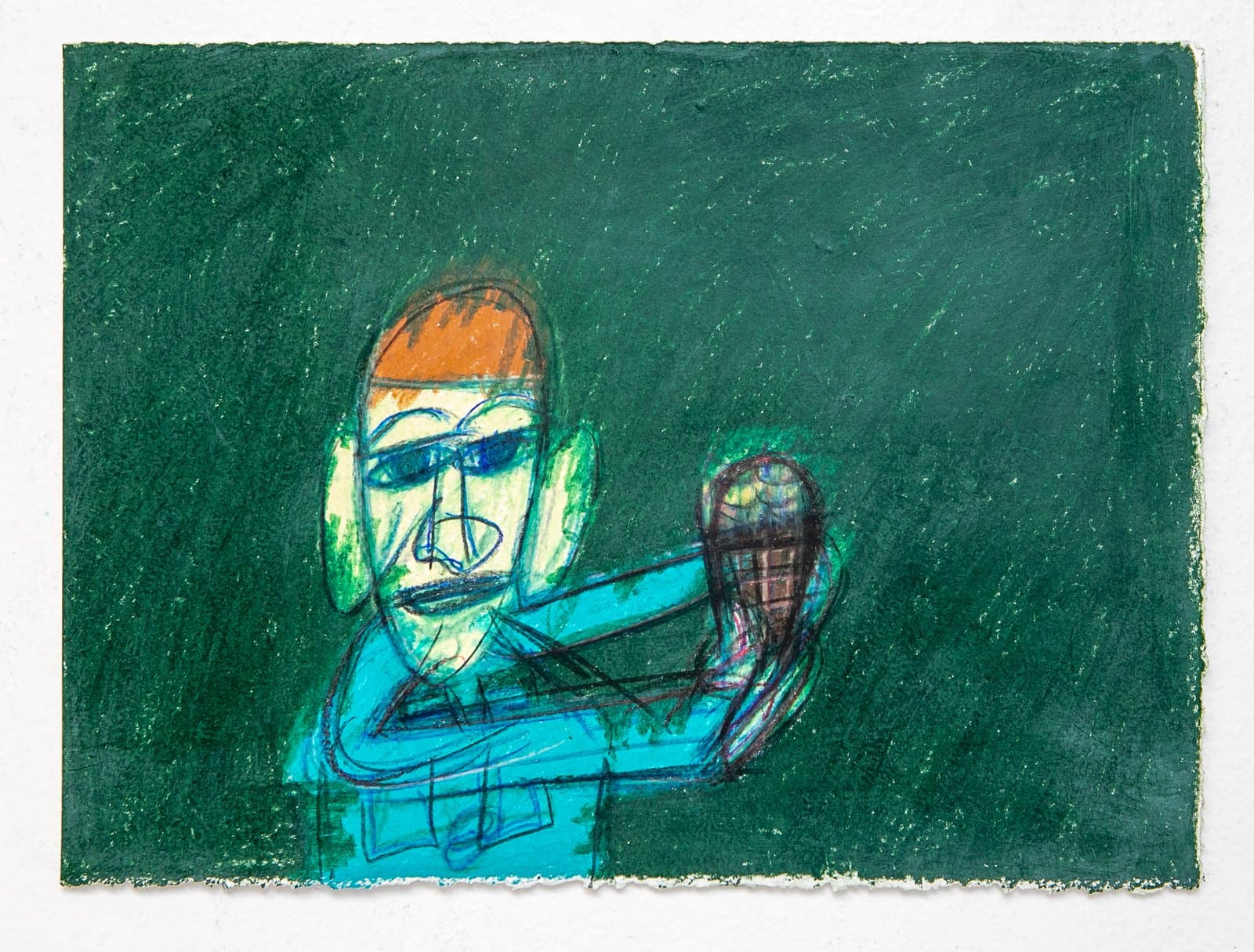 Figurative drawing in Prisma stix on paper showing two figures against a dark green background, one with an orange-haired head.