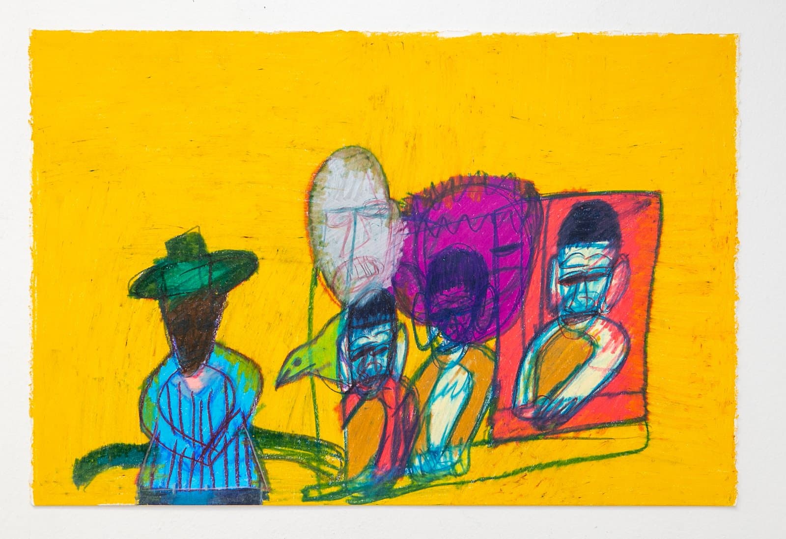 Figurative drawing in Prisma stix on bright yellow paper showing four figures and a bird, with overlapping faces in white and magenta.