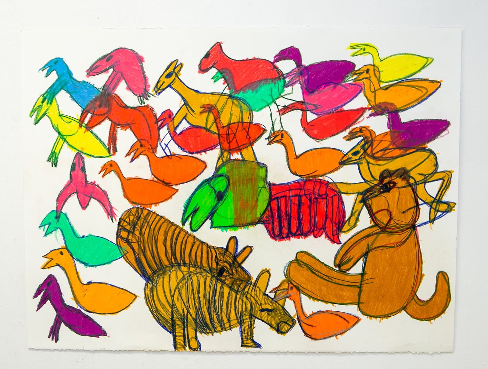 Pastel drawing on paper densely filled with colorful birds and animals in red, orange, green, yellow, and purple.