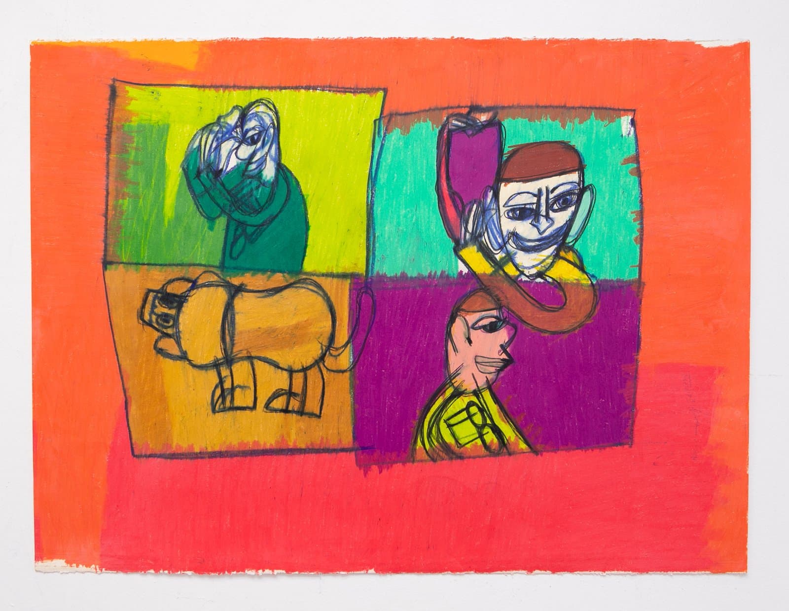 Pastel on paper with four bold color-blocked panels showing figures and an animal on a vivid orange background.