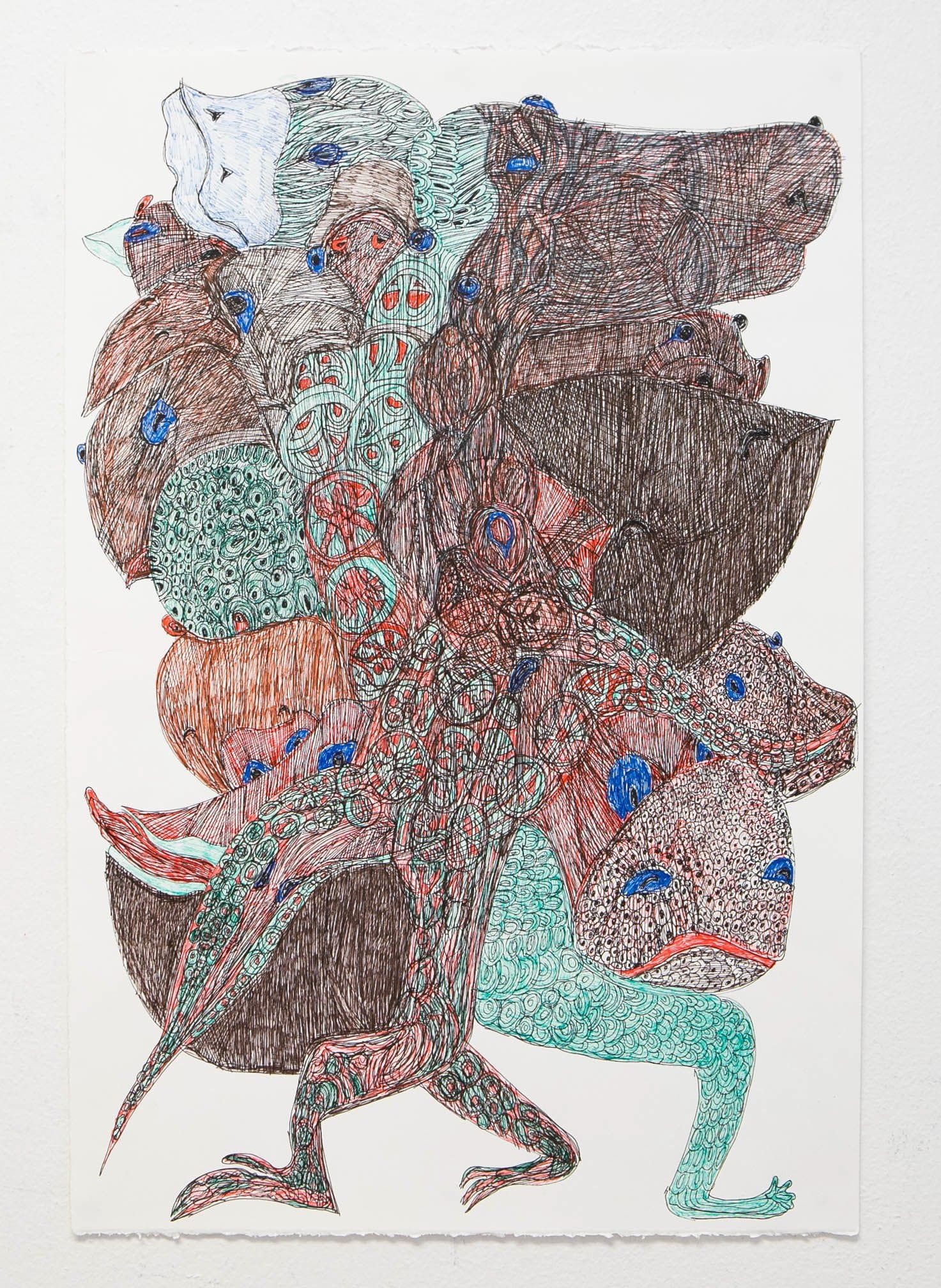 Pen drawing of a dense stack of overlapping animal figures in teal, red, brown, and blue on white paper.