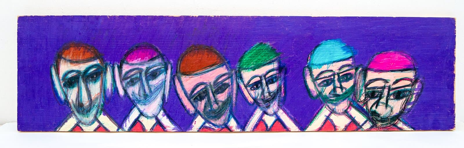 Six stylized figures with colorful skullcaps rendered in Prisma stix on a horizontal wood panel with a vibrant purple background.
