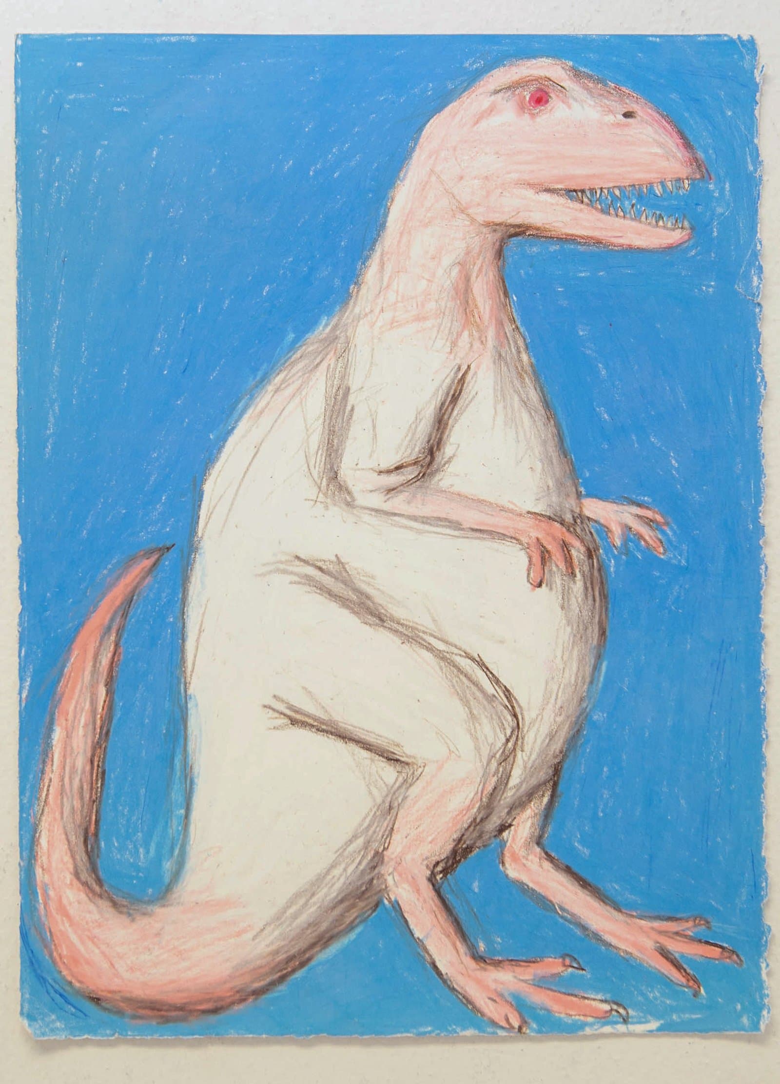 Drawing of a pale dinosaur in profile on blue paper, rendered in pink and brown Prismastix on blue paper.