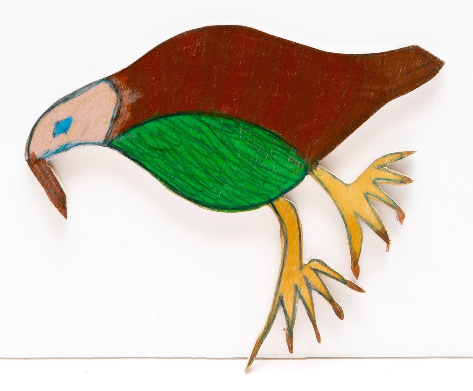 Figurative drawing on wood depicting a bird-like creature with brown head, green body, and yellow feet in Prismastix