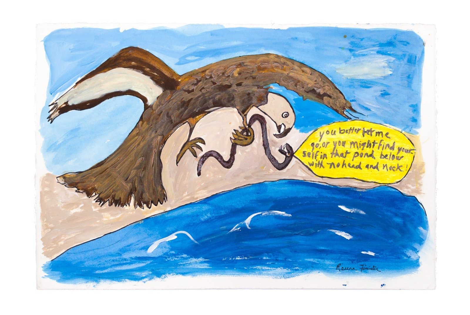 Figurative painting in acrylic and ink showing two reclining figures with brown hair against blue sky and water on paper.