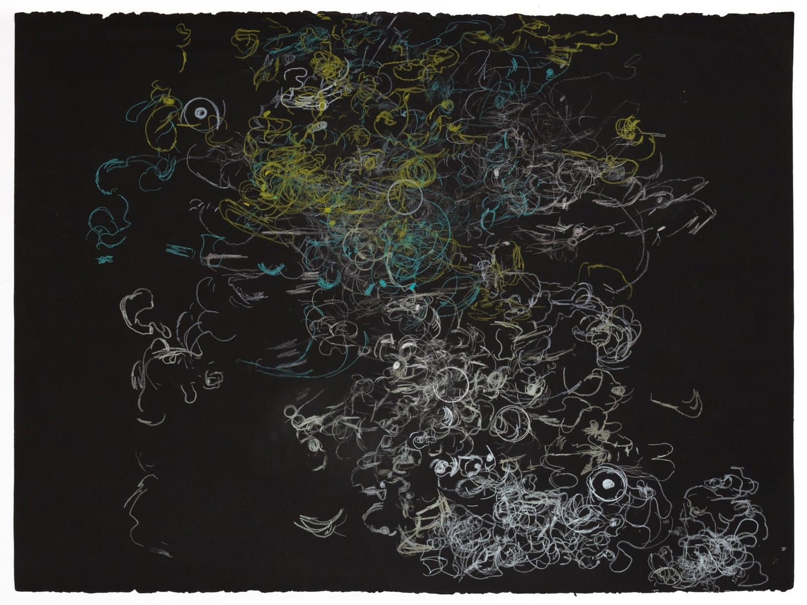 Abstract drawing with colorful linear forms on black paper, colored pencil and ink