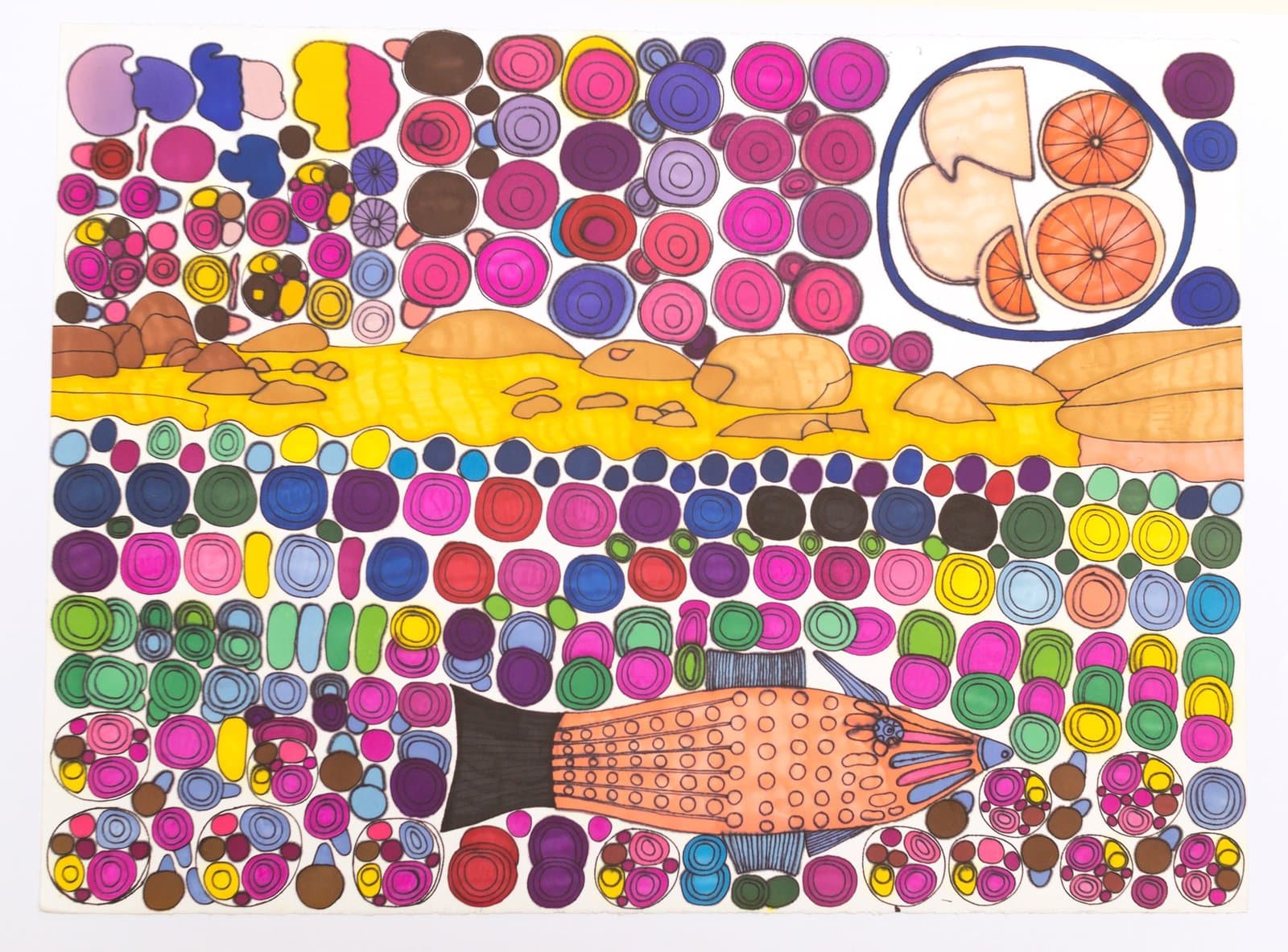 Colorful marker drawing with geometric circles, organic shapes, and stylized bird motif on paper