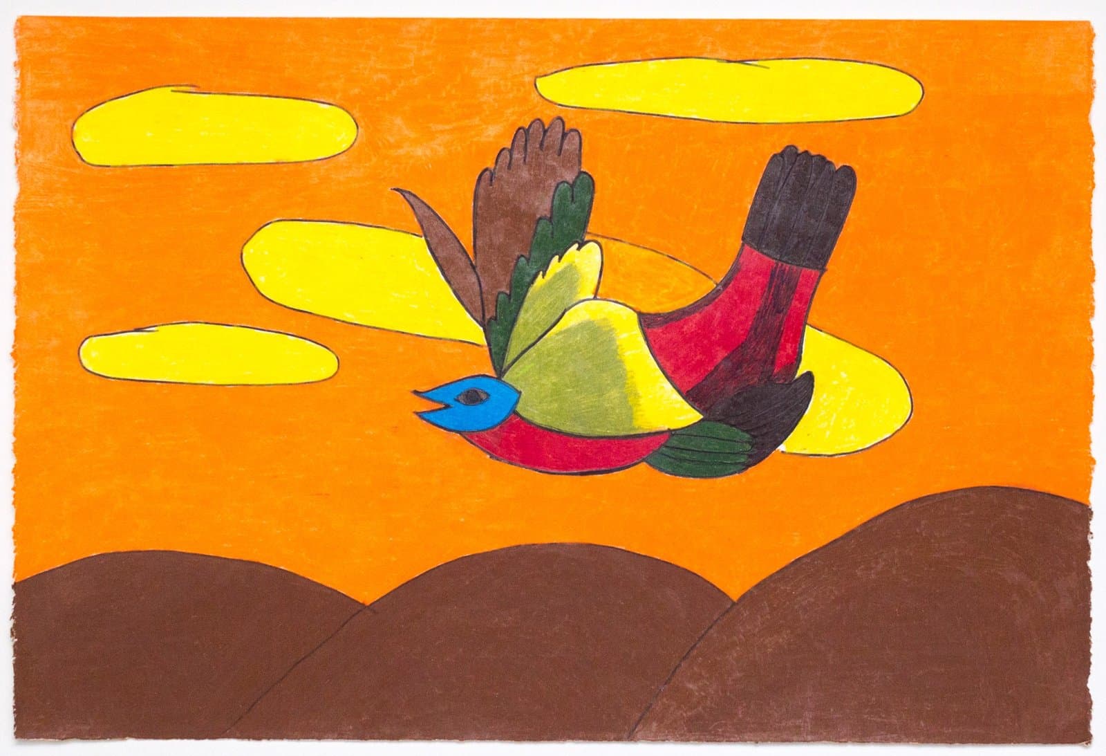 Drawing of colorful bird flying over brown hills against orange sky with yellow clouds