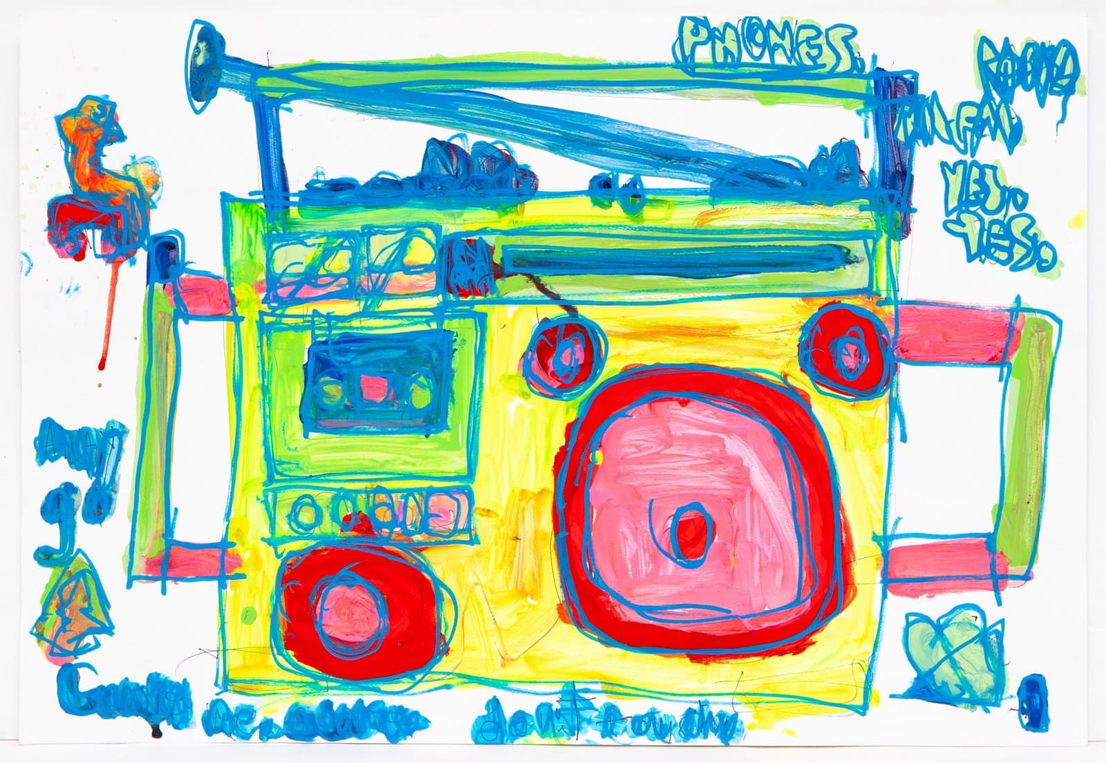 Colorful child-like drawing of a boombox stereo in marker or crayon on white paper with handwritten text