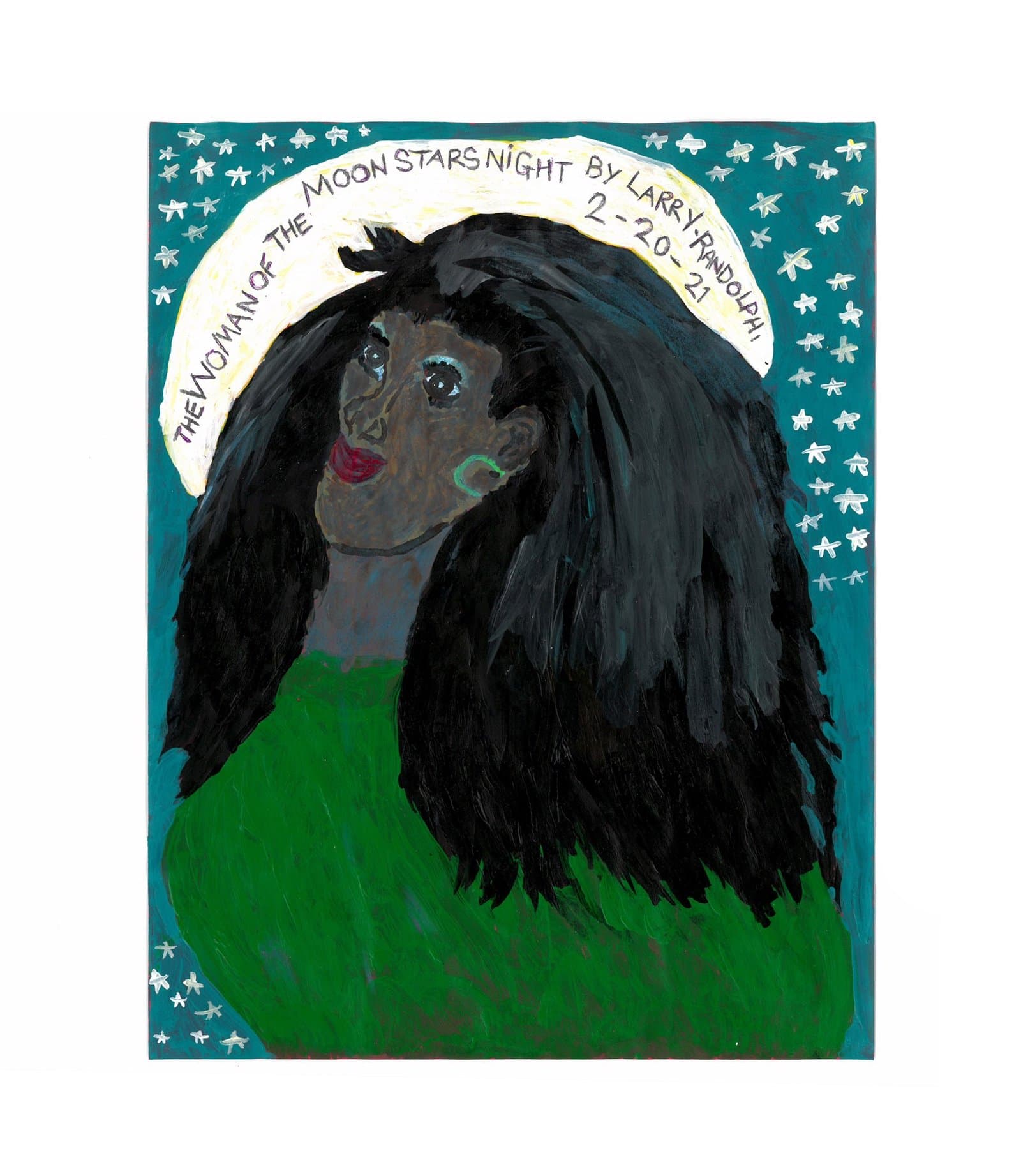 Acrylic painting on paper showing a portrait of a person with long black hair against a starry night sky background