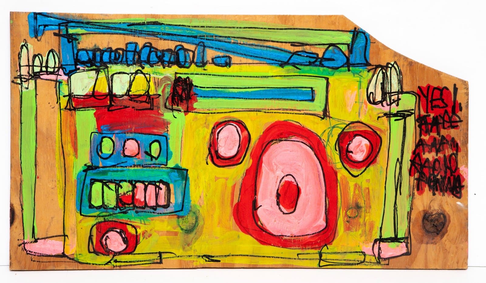 Mixed media drawing on wood depicting a colorful boom box radio with geometric forms in yellow, green, blue, and red.
