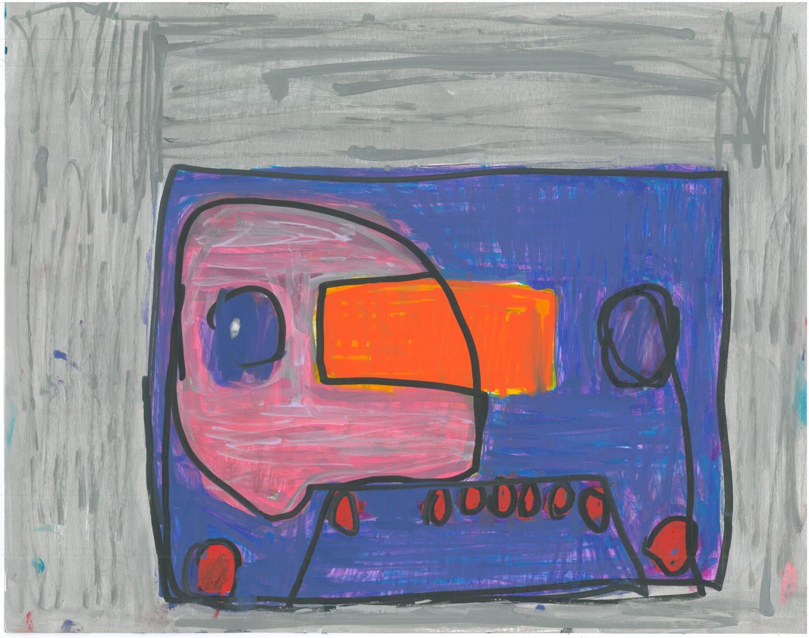 Mixed media drawing of a pink and blue bus or vehicle with orange window, outlined in black on gray paper background.