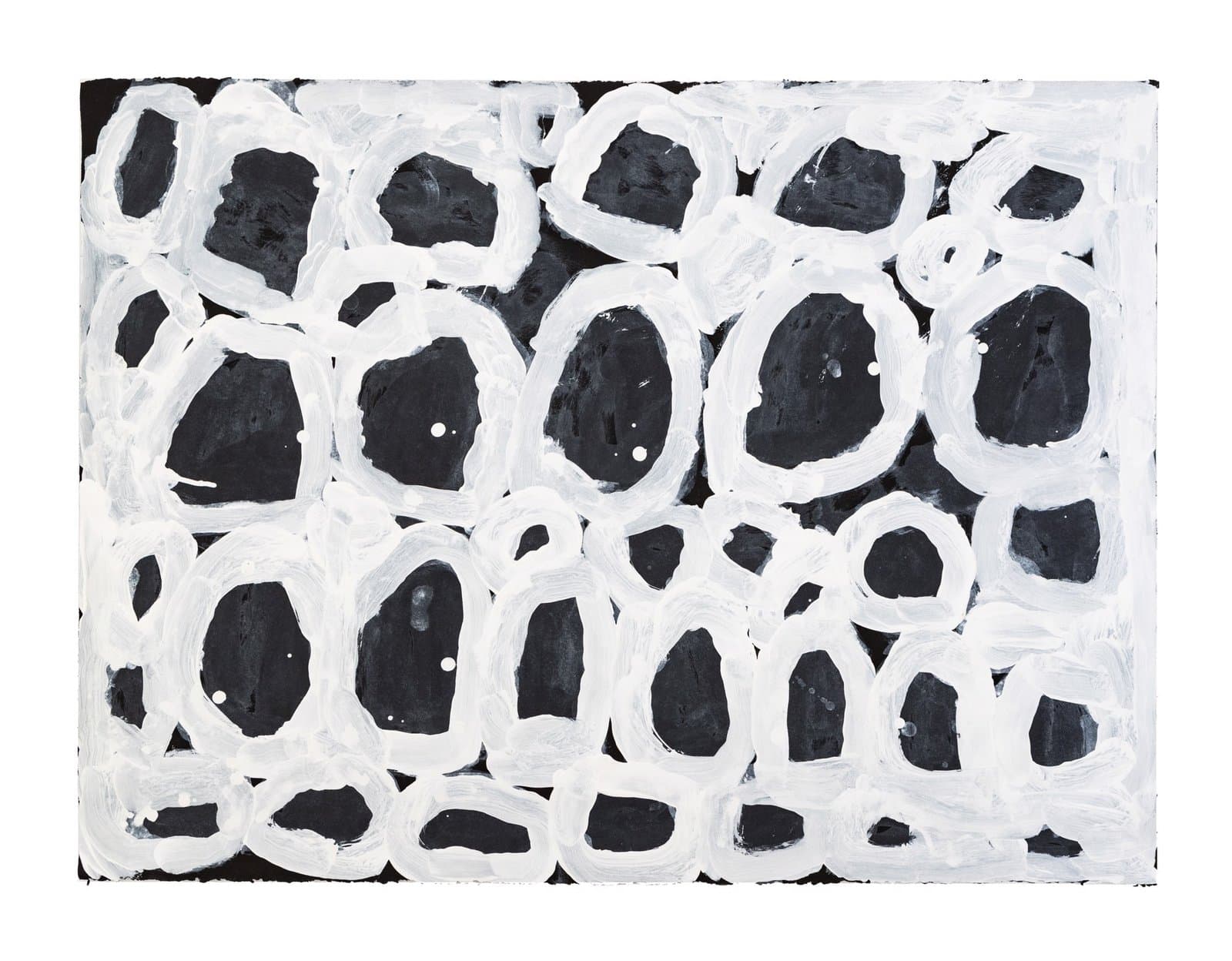 Abstract painting in black and white acrylic with interlocking circular forms creating a cellular pattern on paper.